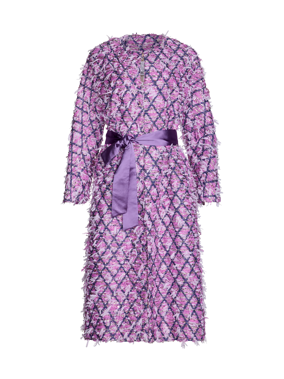 A long-sleeve wrap coat in textured fabric with a purple and pink floral pattern, featuring a matching purple satin tie belt at the waist.