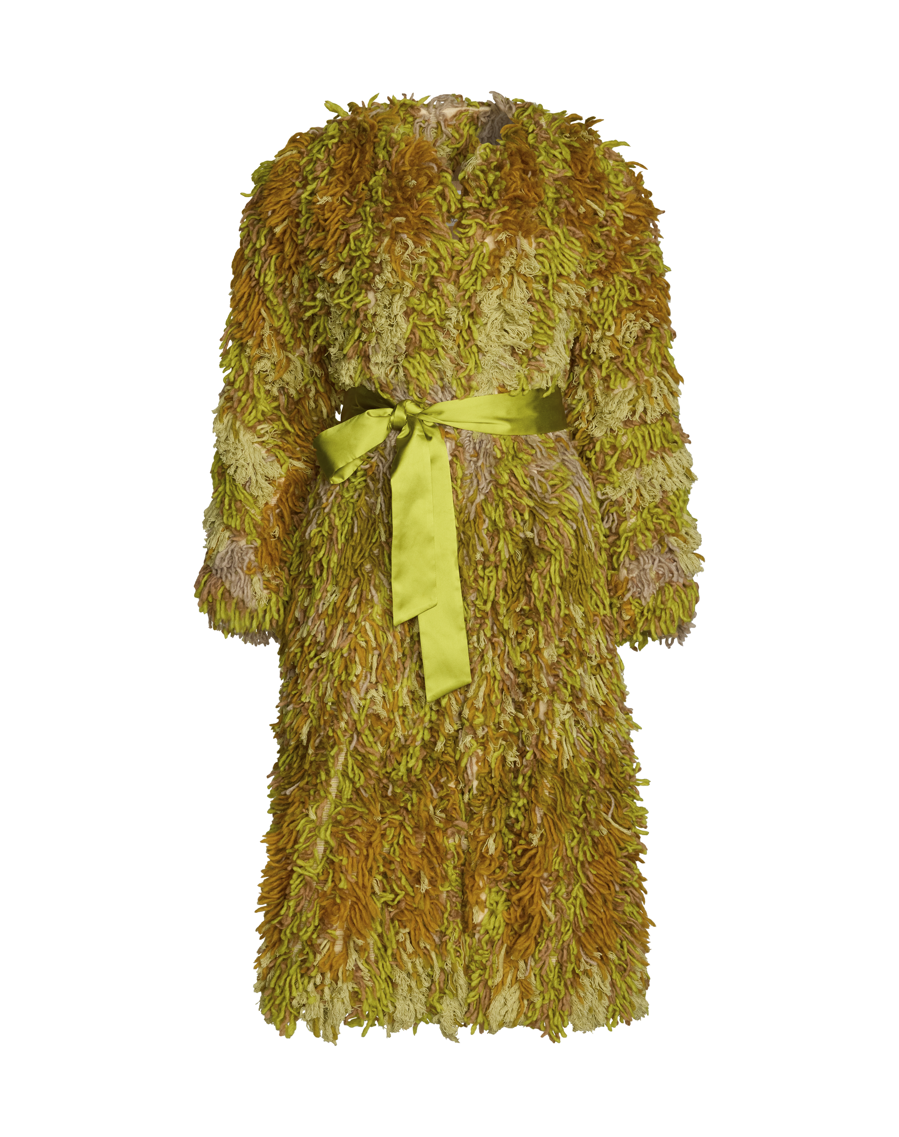 A shaggy, textured coat in mixed olive green, yellow, and brown tones, with a bright yellow-green satin belt tied at the waist.