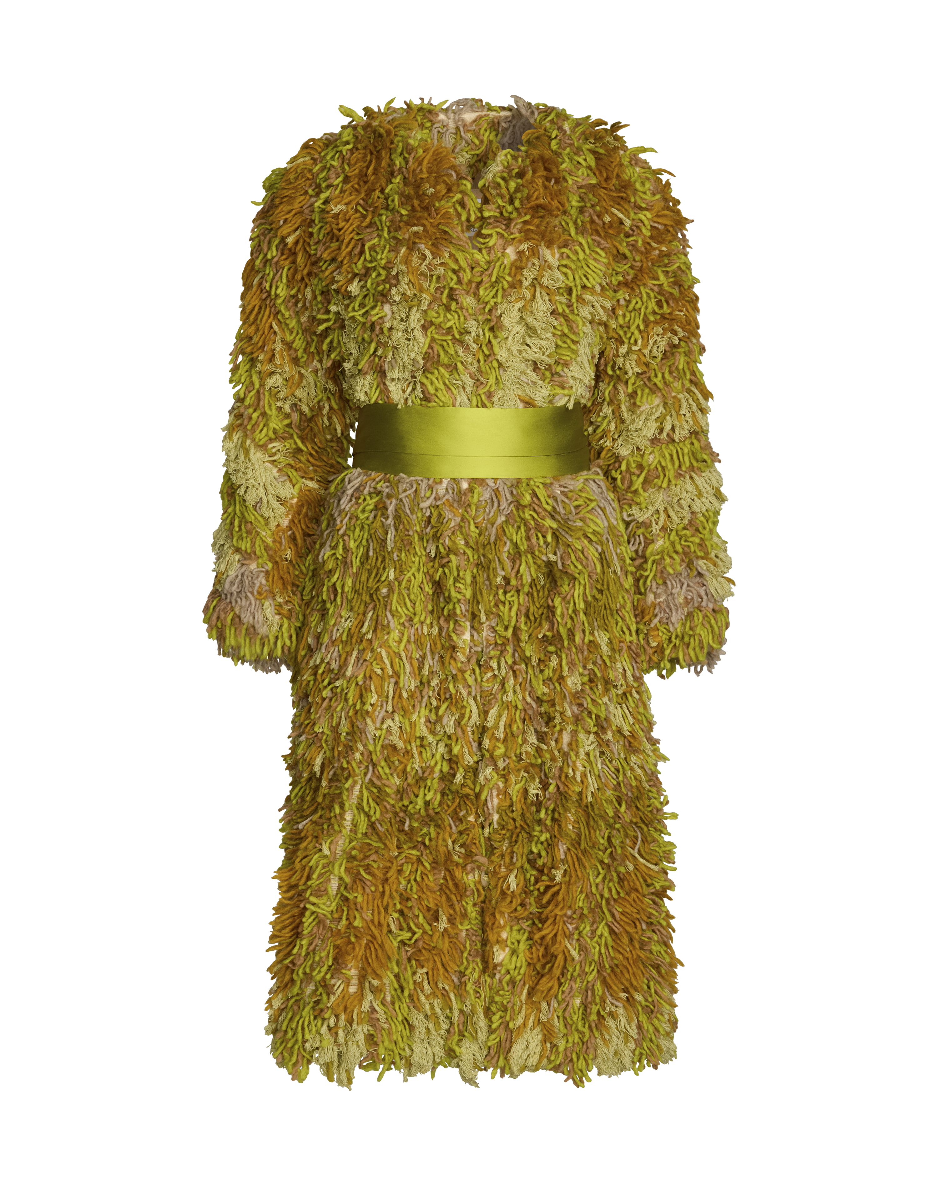 A shaggy, textured coat in mixed olive green, yellow, and brown tones, with a bright yellow-green satin belt tied at the waist.