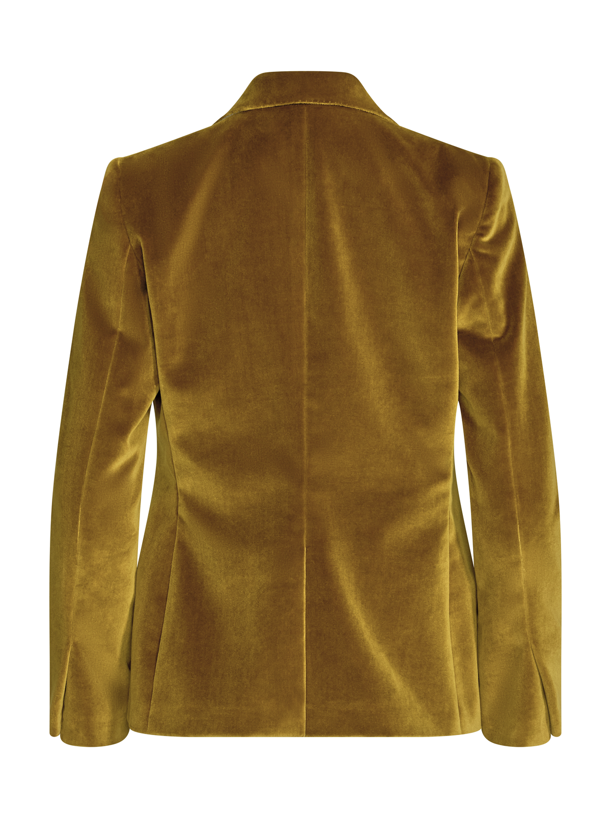 A mustard yellow velvet blazer shown from the back, featuring a structured collar, long sleeves, and a central seam.