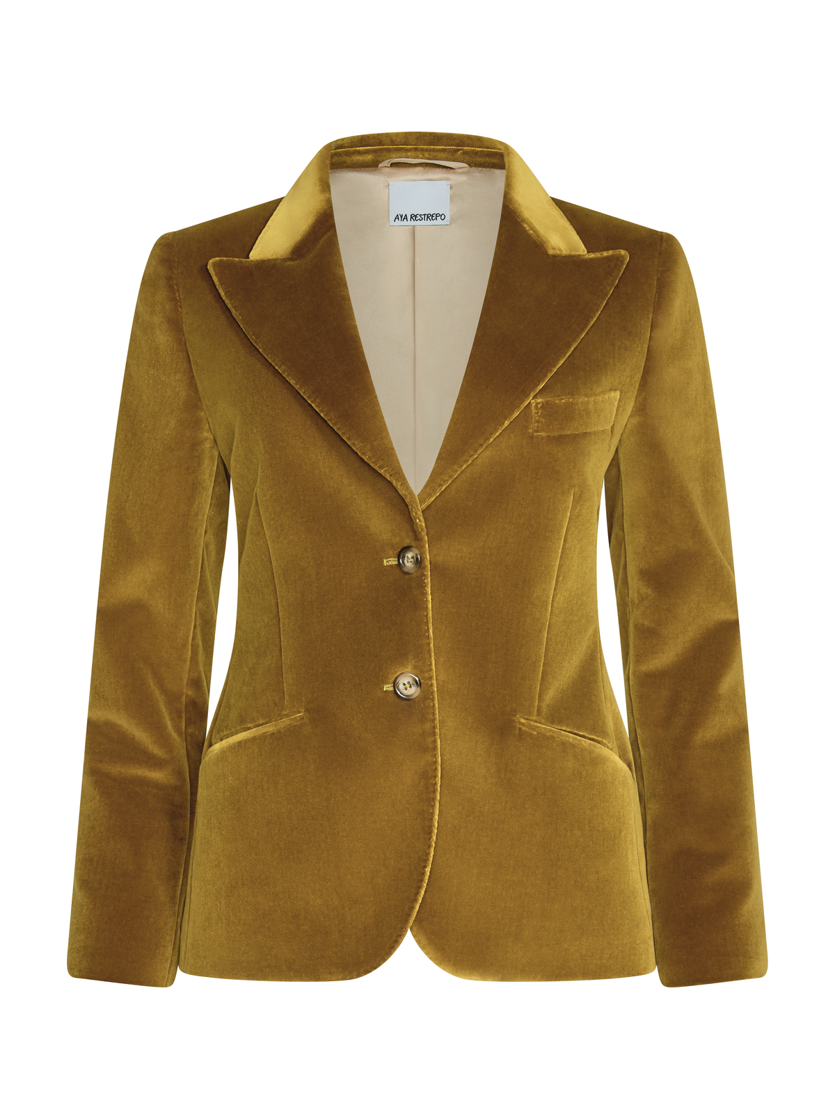 A women's tailored blazer in rich mustard yellow velvet, featuring a single-breasted two-button closure, notch lapels, and front welt pockets.