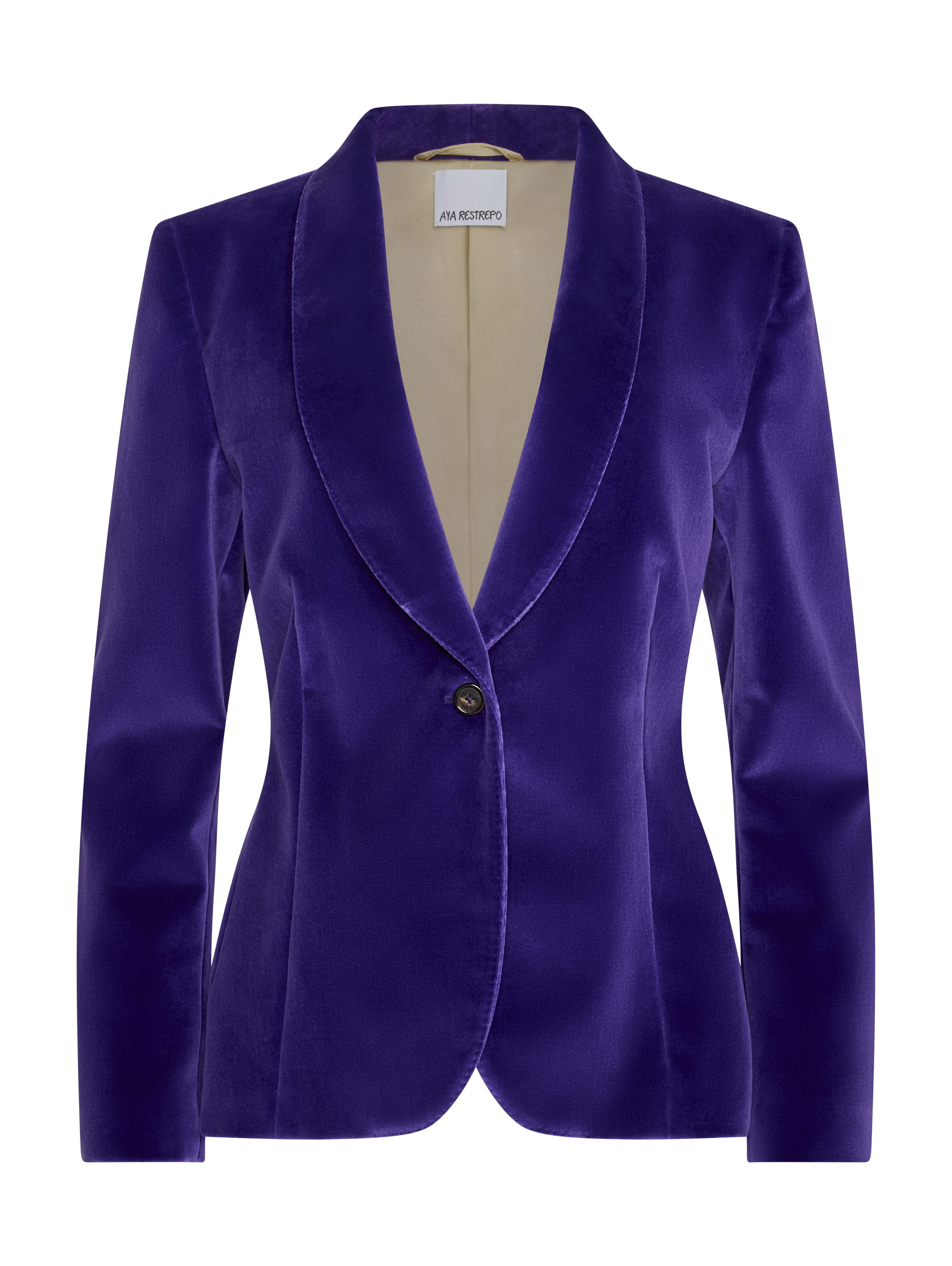 A purple velvet blazer with a shawl collar and a single button closure.