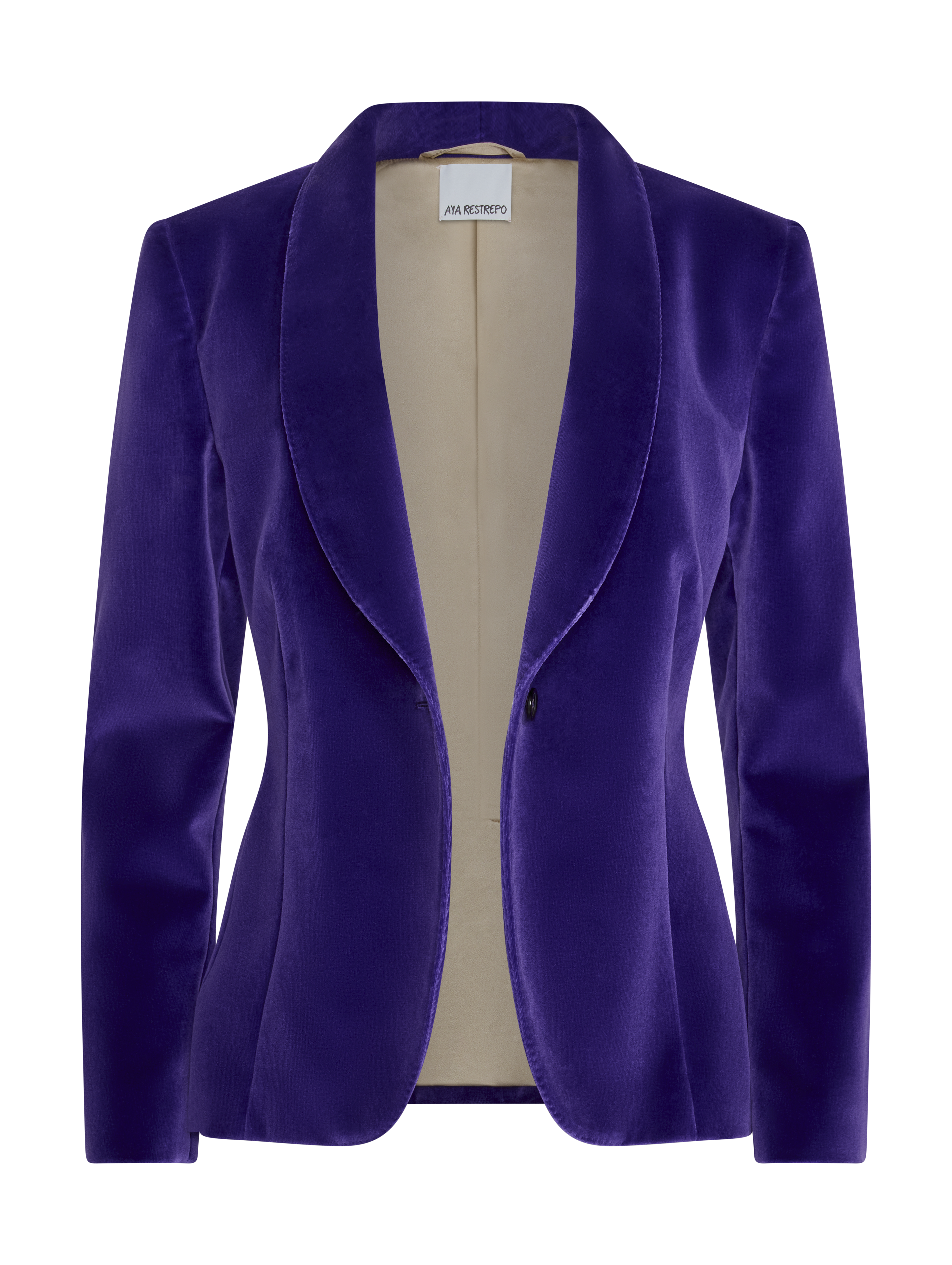 A purple velvet shawl collar blazer with a beige interior lining.