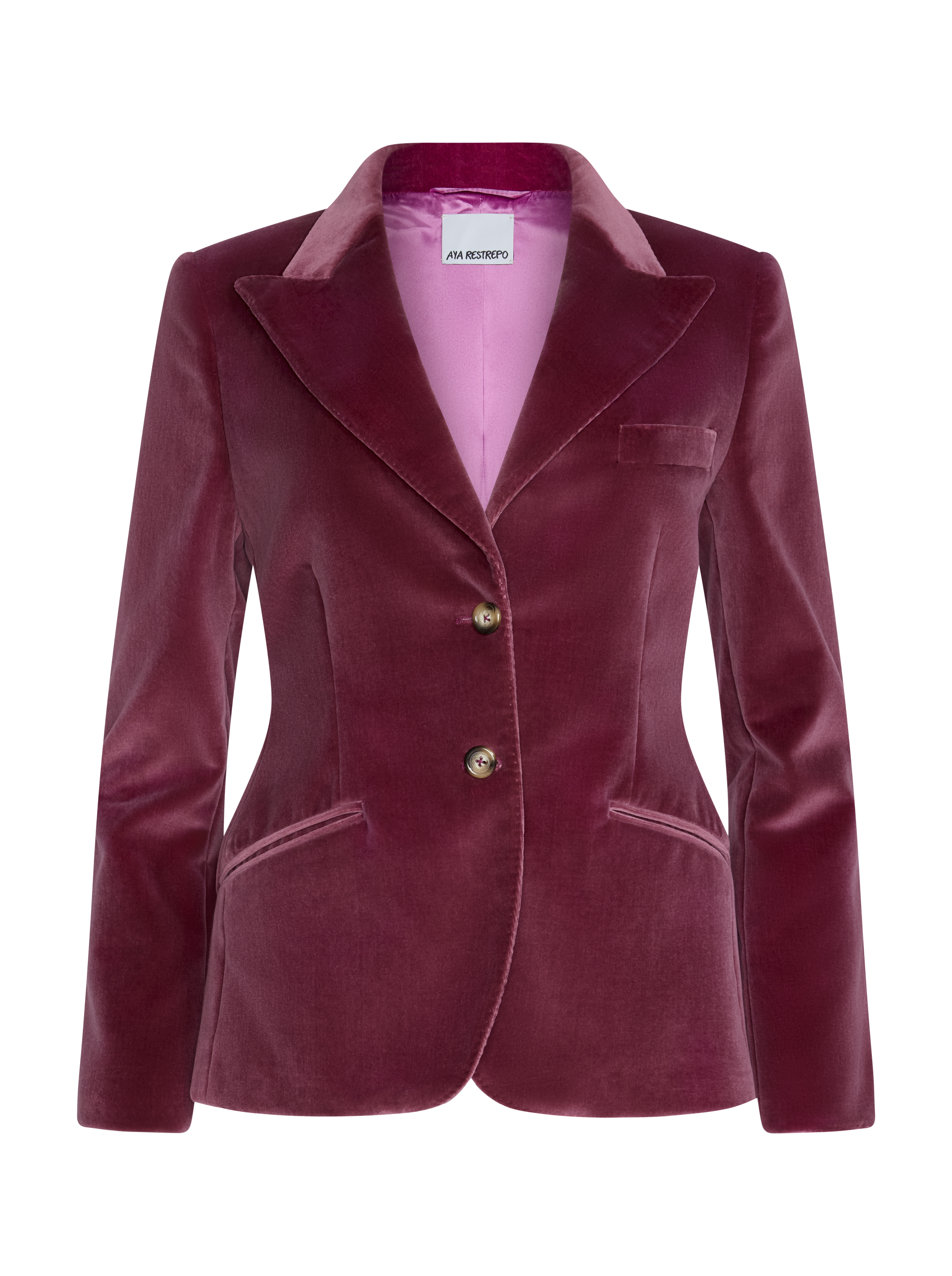 A women's tailored blazer in deep burgundy velvet with a contrasting light pink inner lining, featuring notched lapels, two gold-tone buttons, and front welt pockets.