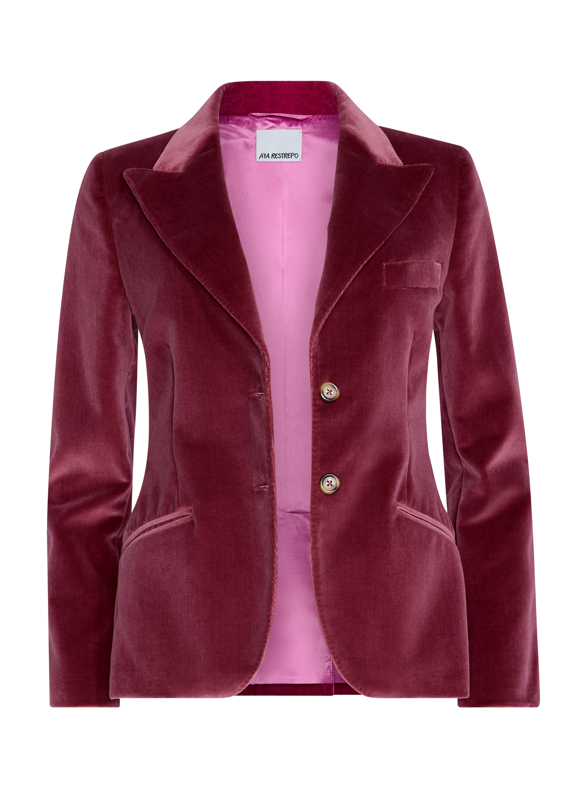 A women's tailored blazer in deep burgundy velvet, featuring a contrasting light pink satin lining and gold-tone buttons.