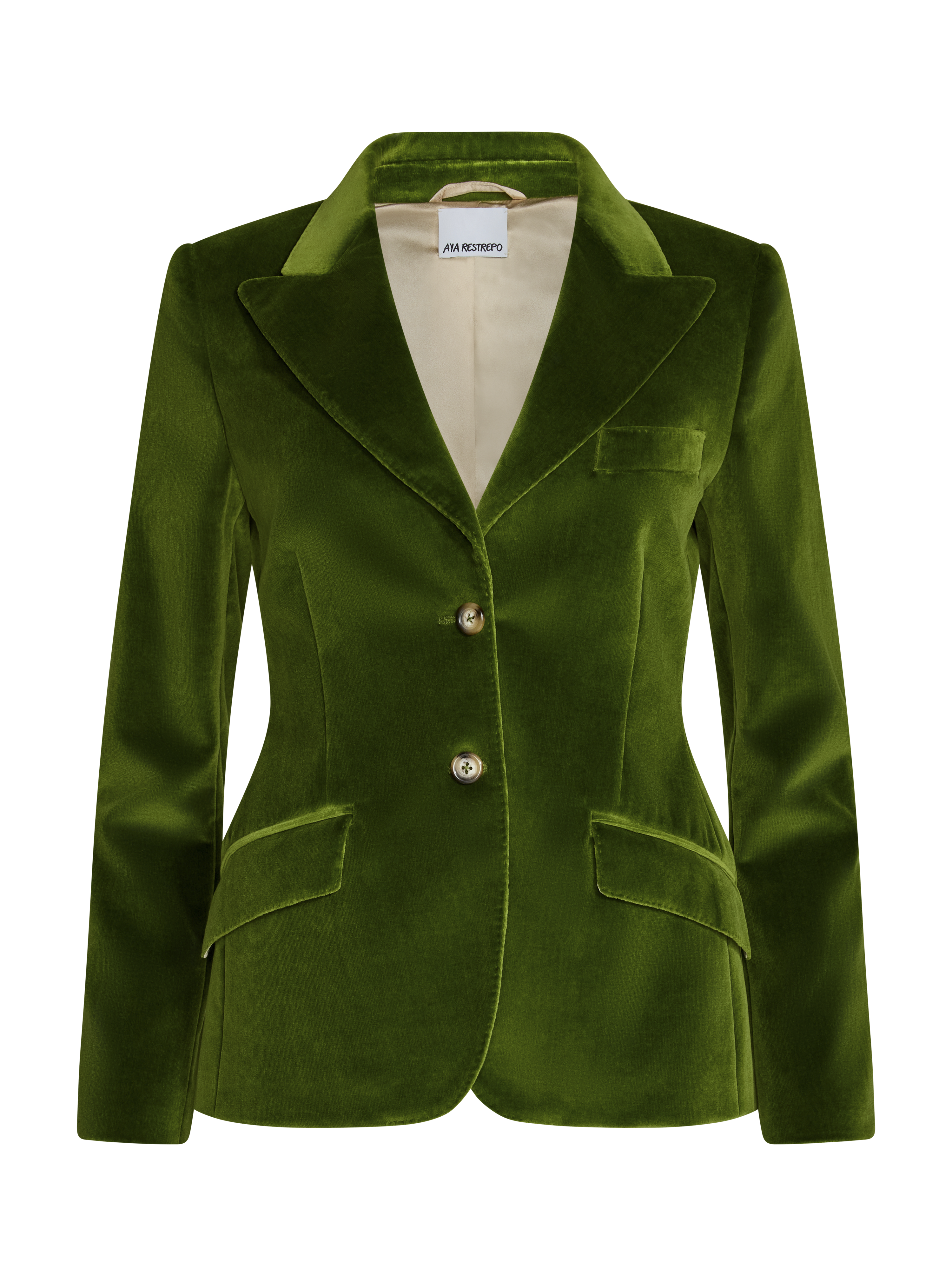 A green velvet blazer with a structured collar, three front buttons, and flap pockets.