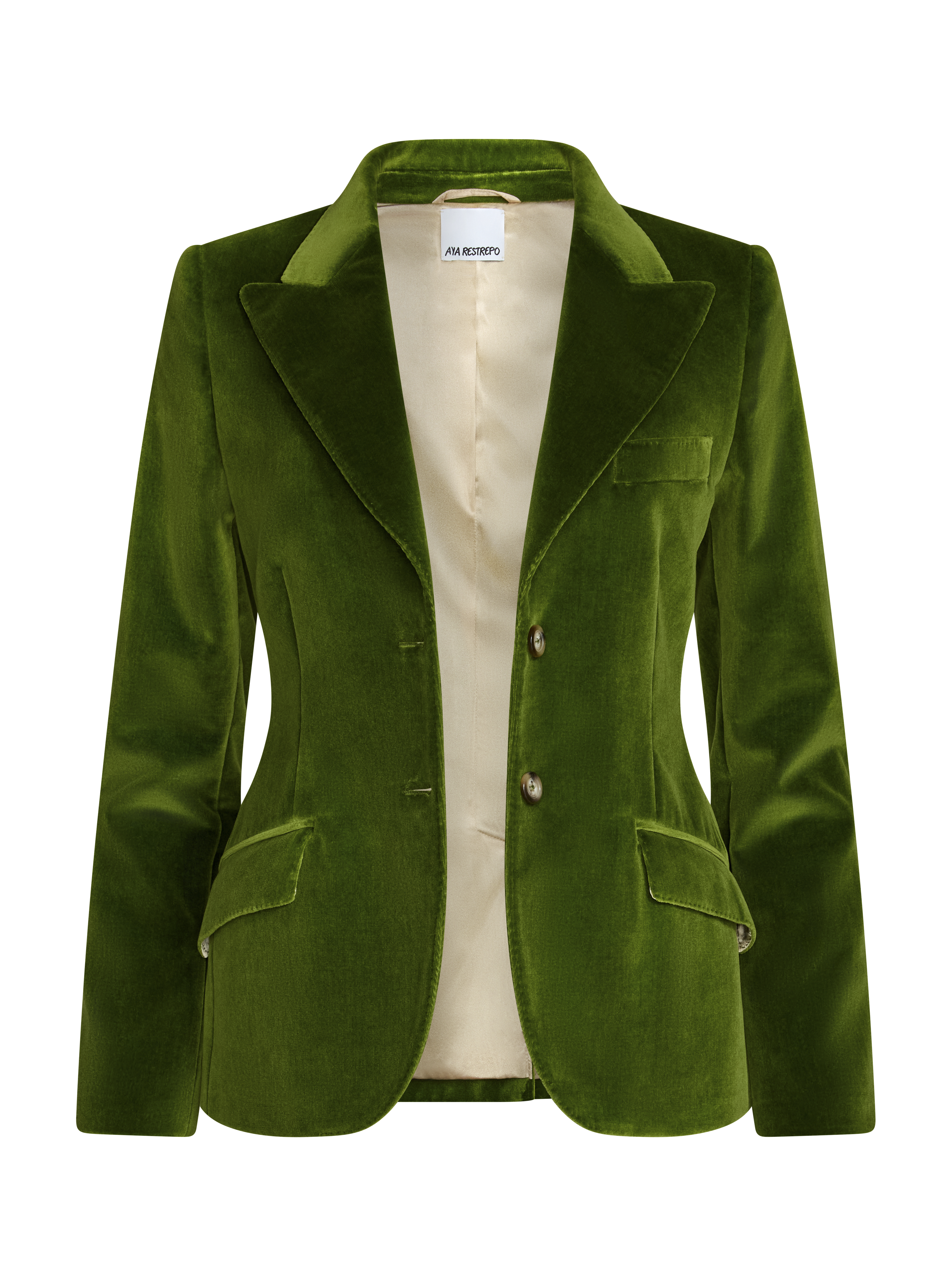 A green velvet blazer with a cream satin lining, featuring notched lapels, a two-button closure, and flap pockets.