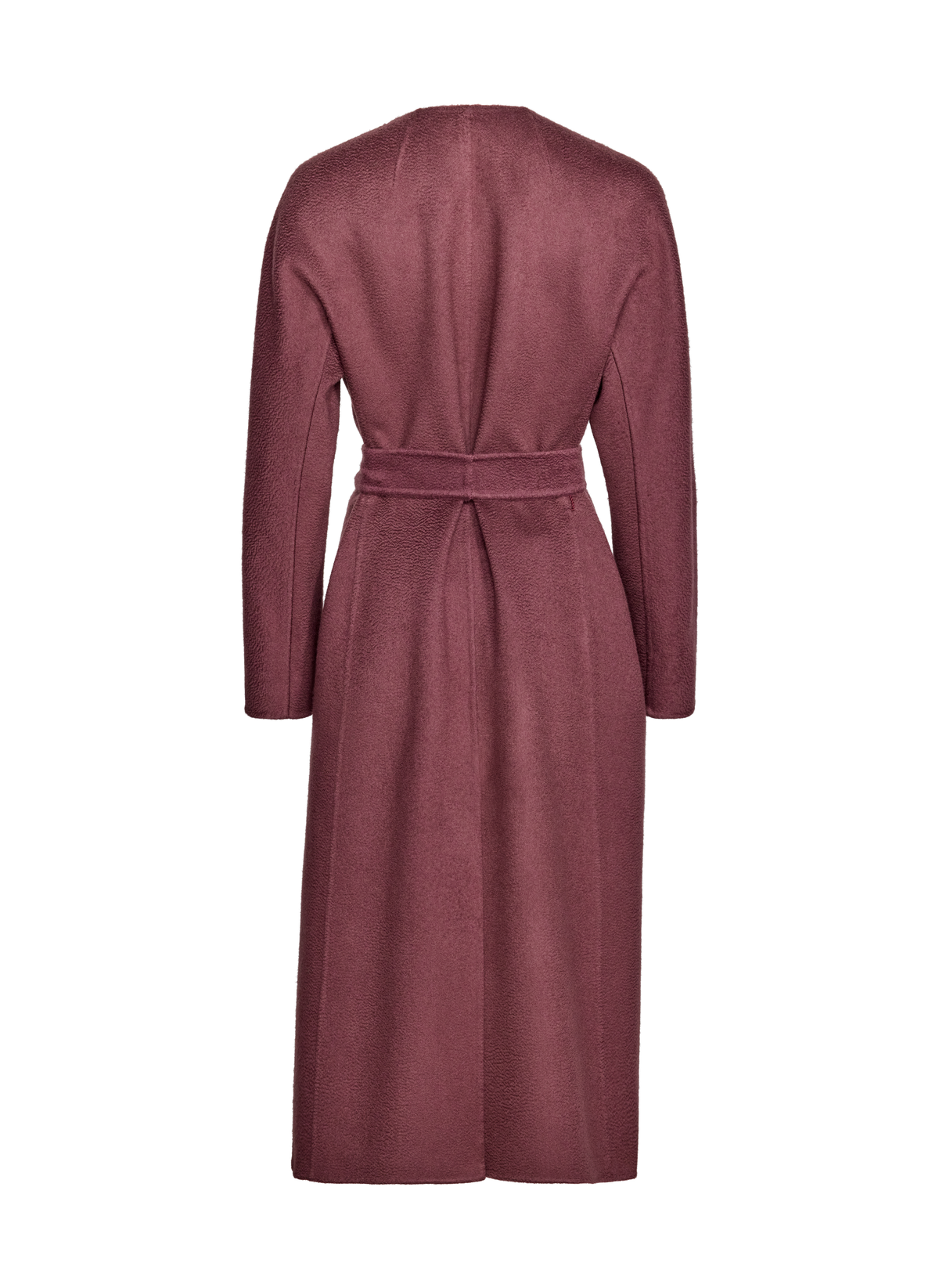 A long-sleeved, knee-length wrap coat in a dusty rose or mauve color.