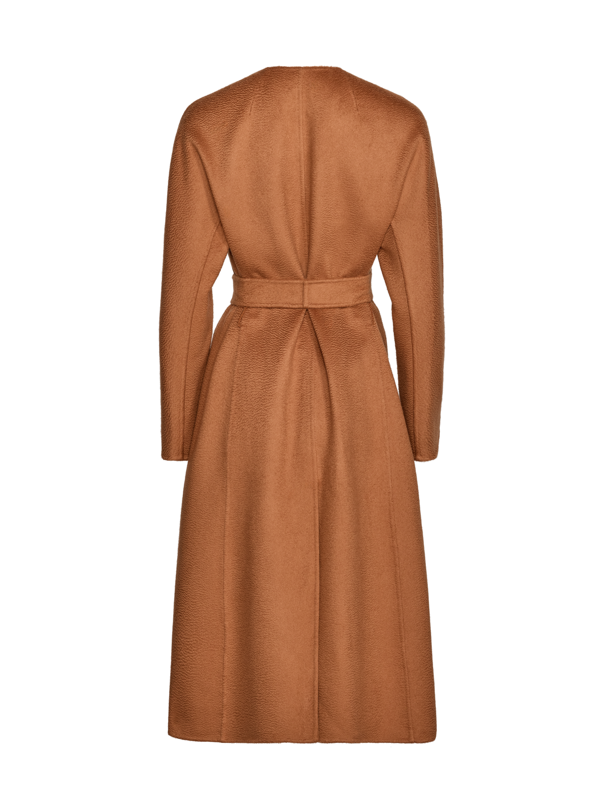 A long-sleeved, knee-length brown coat shown from the back, featuring a matching waist belt and a structured silhouette.