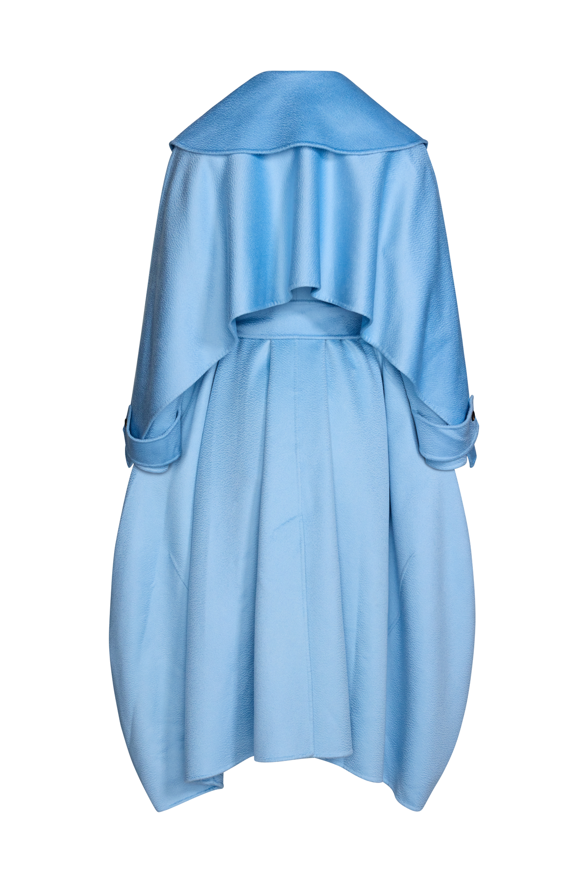 A light blue draped cape-style garment with a wide collar and voluminous flowing fabric.