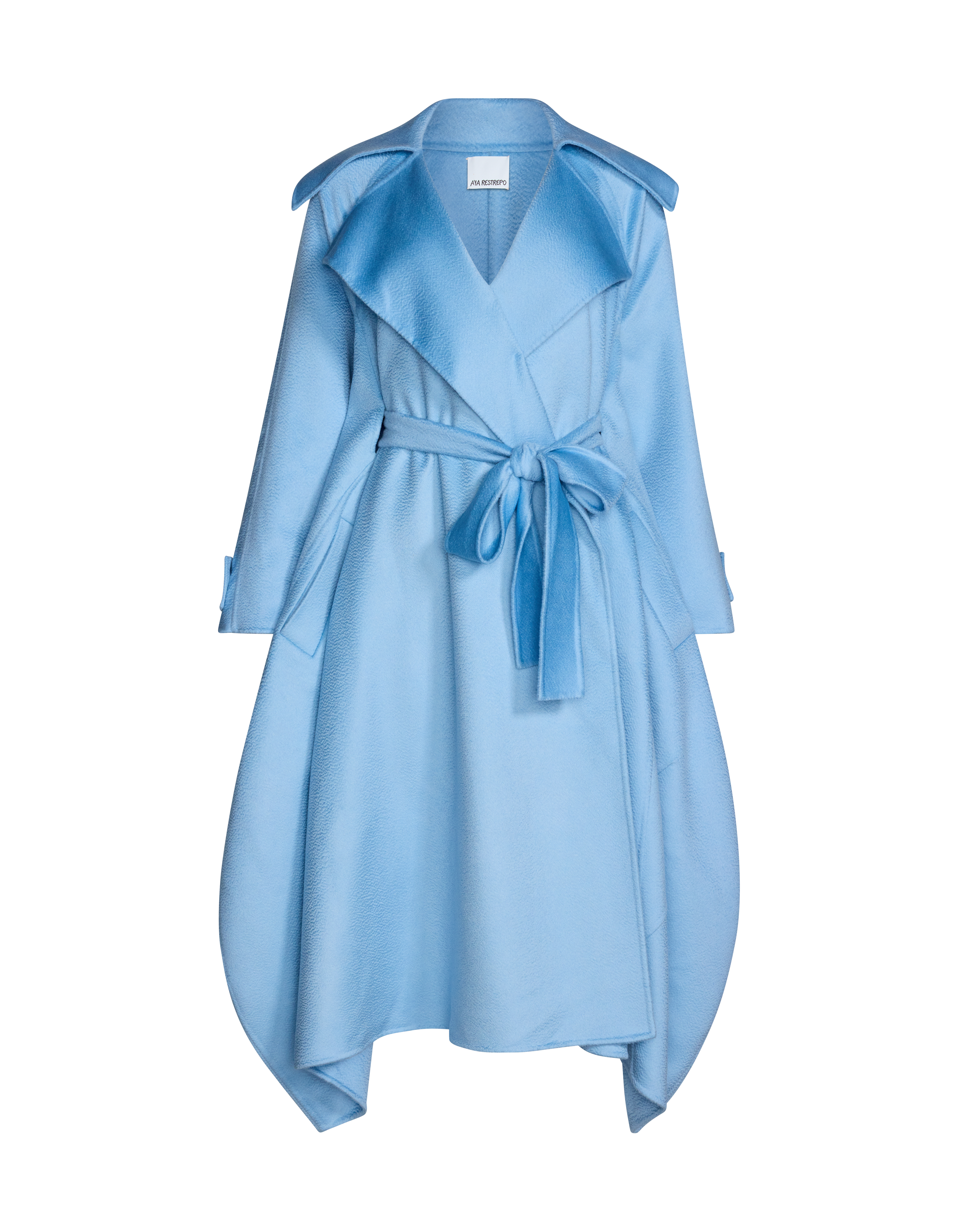 A light blue wrap-style coat with a matching waist tie