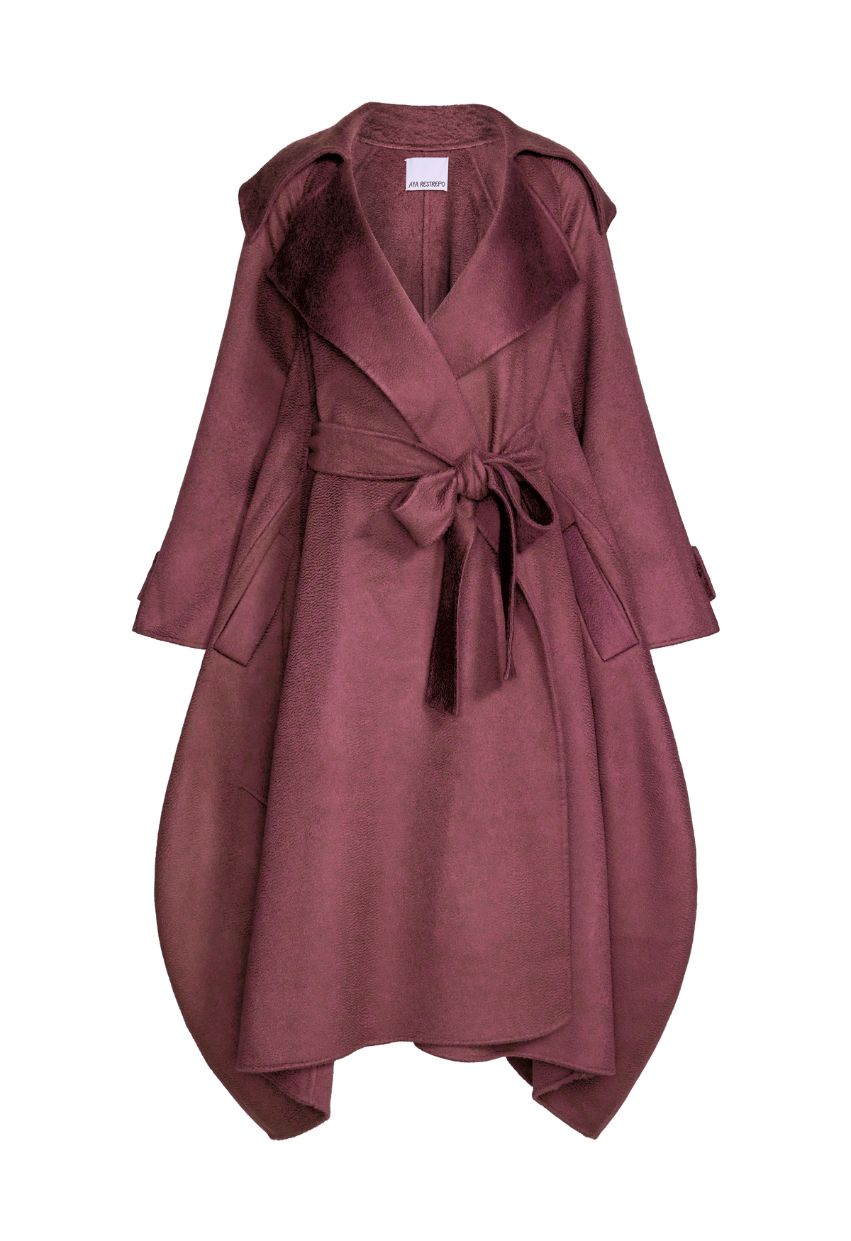 A dusty rose or mauve-colored wrap coat with a tie belt.