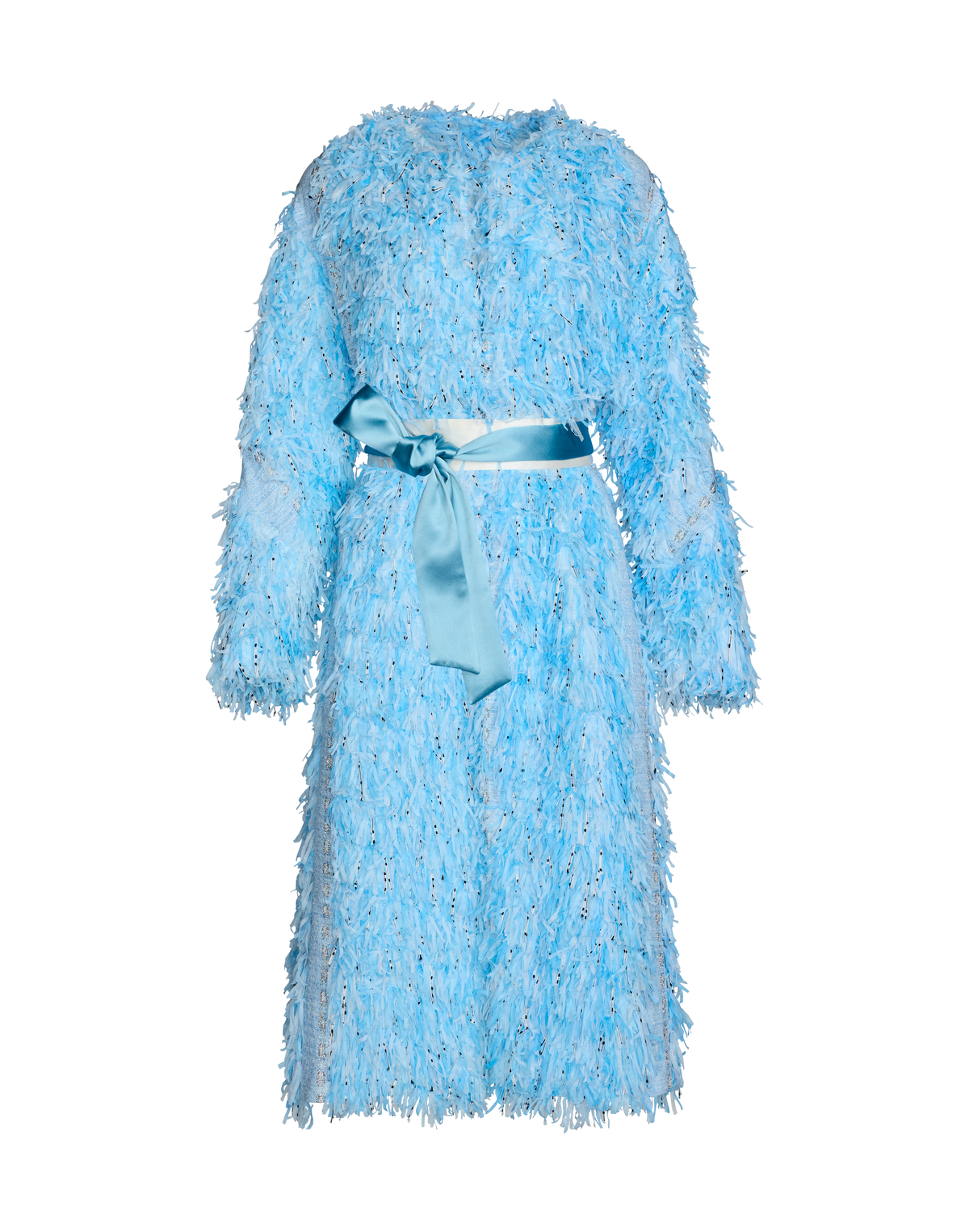 A light blue textured, fringed long-sleeve coat with a matching satin ribbon belt..