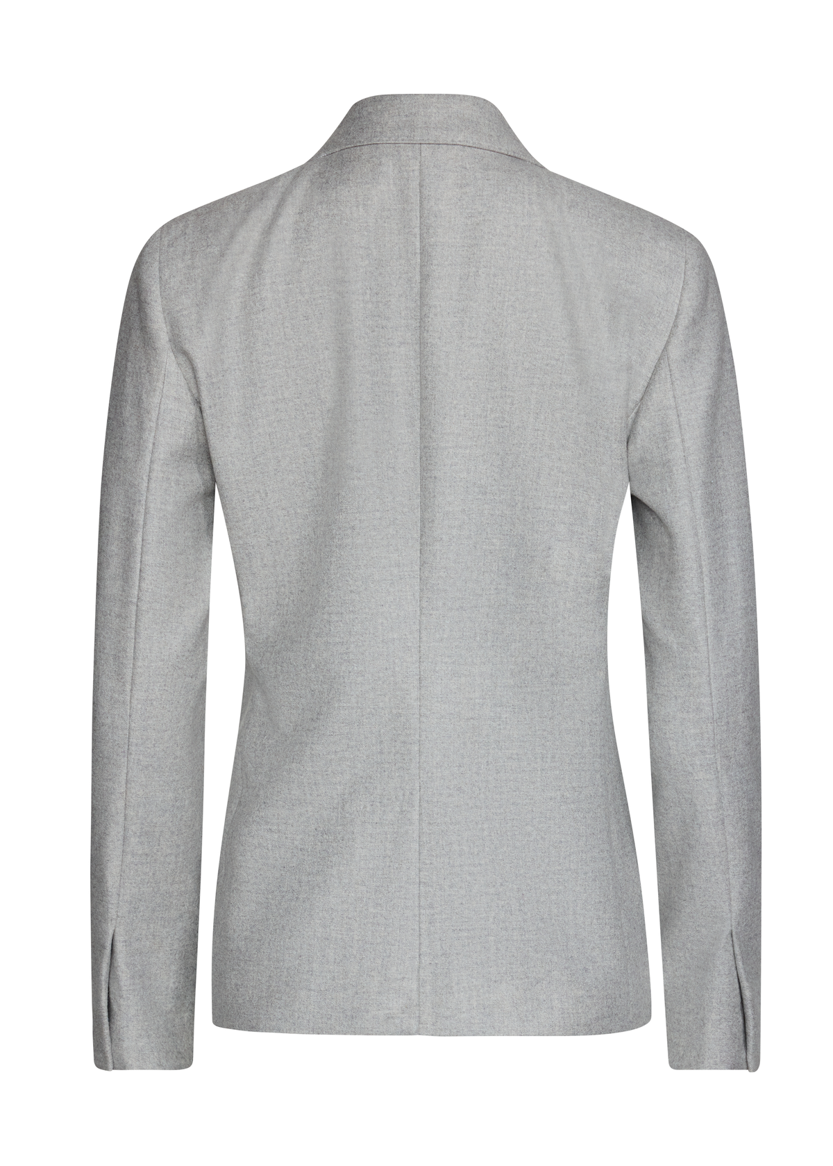 A light gray textured blazer shown from the back, featuring a structured collar, long sleeves, and a clean silhouette against a white background.