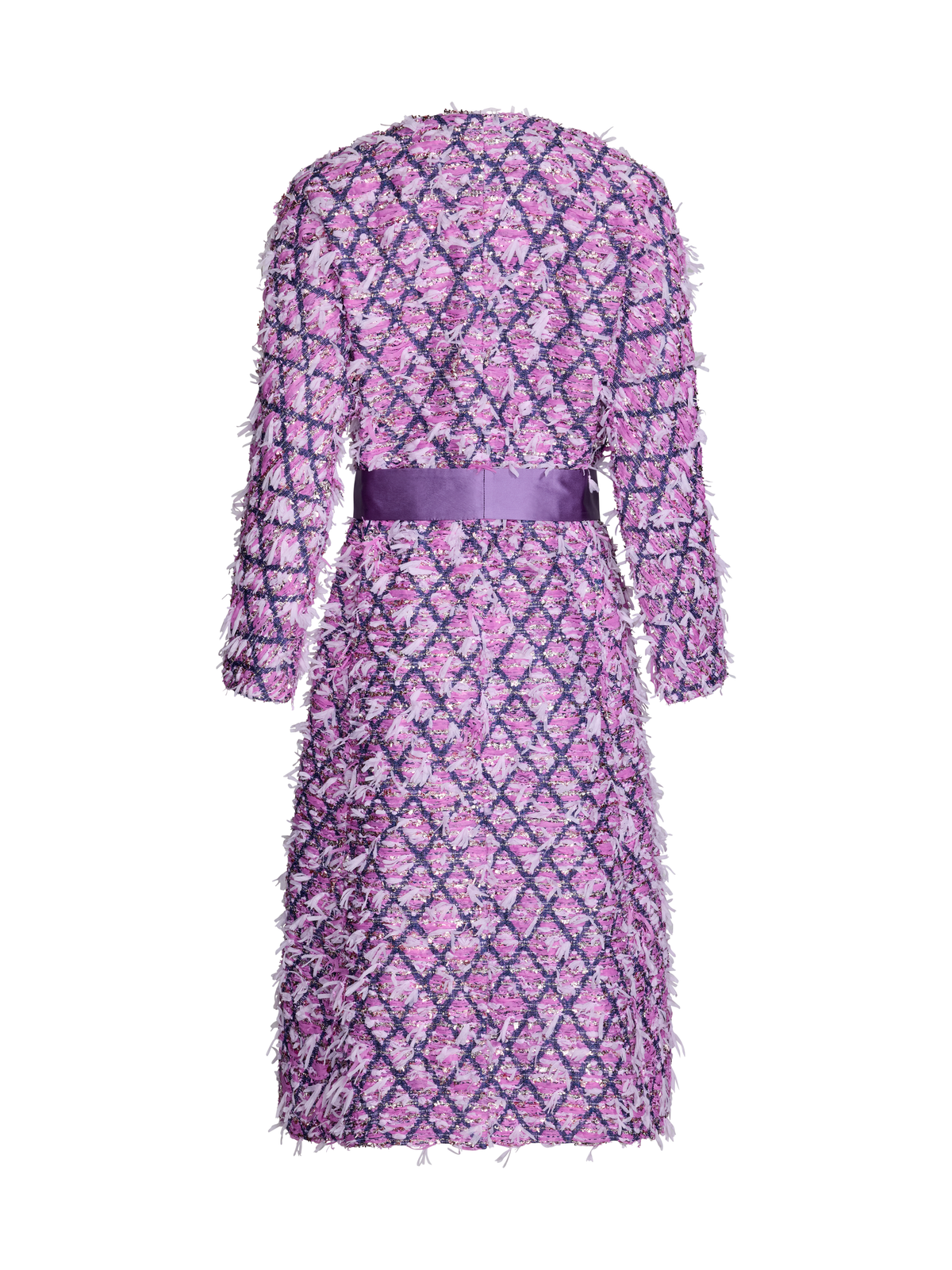 A long-sleeve textured coat shown from the back, featuring a pink and purple diamond lattice pattern with a matching purple waist belt.