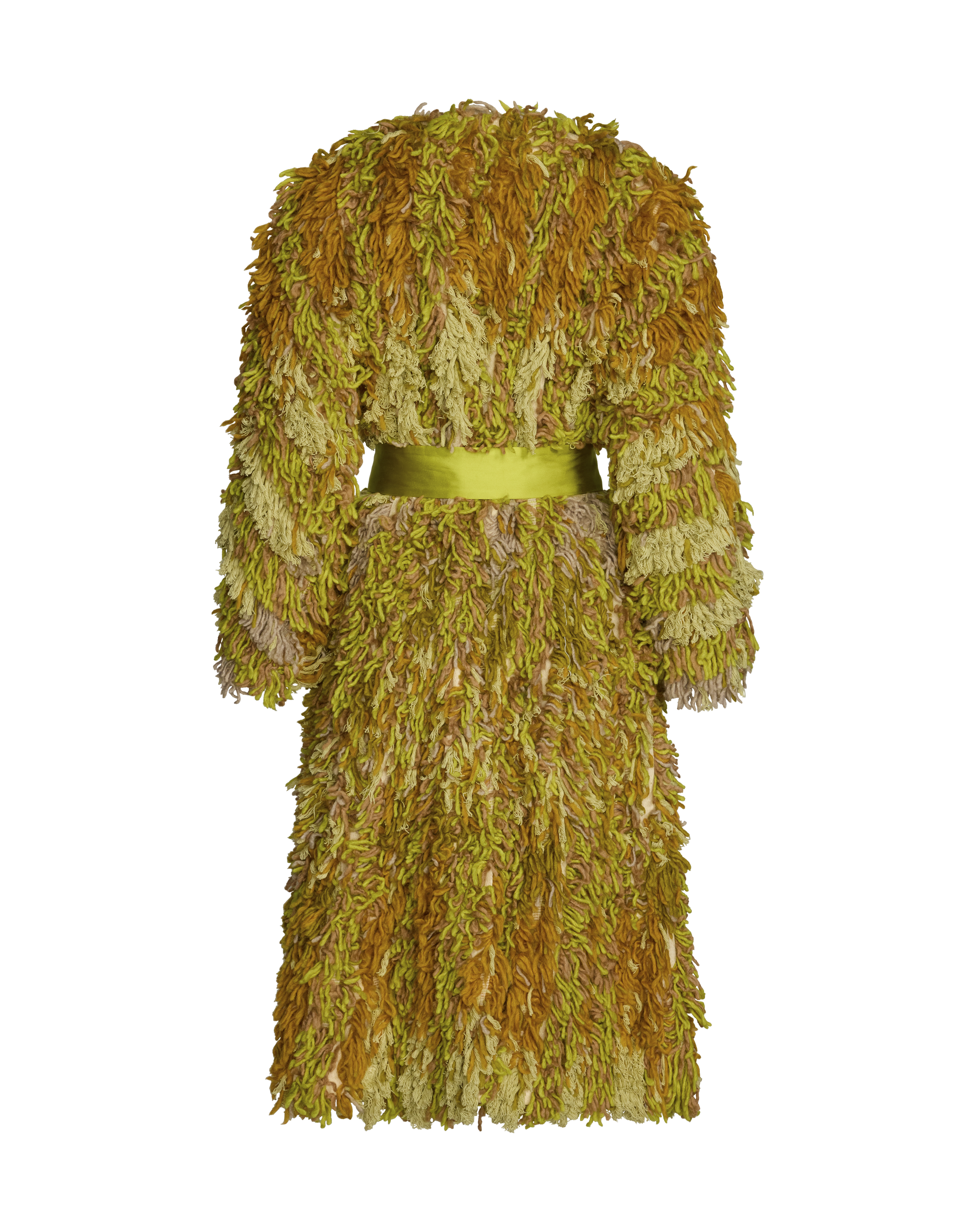 A long-sleeved, knee-length textured coat with a shaggy, layered fringe-like surface in olive green, mustard yellow, and tan tones, cinched at the waist with a matching olive green ribbon belt.