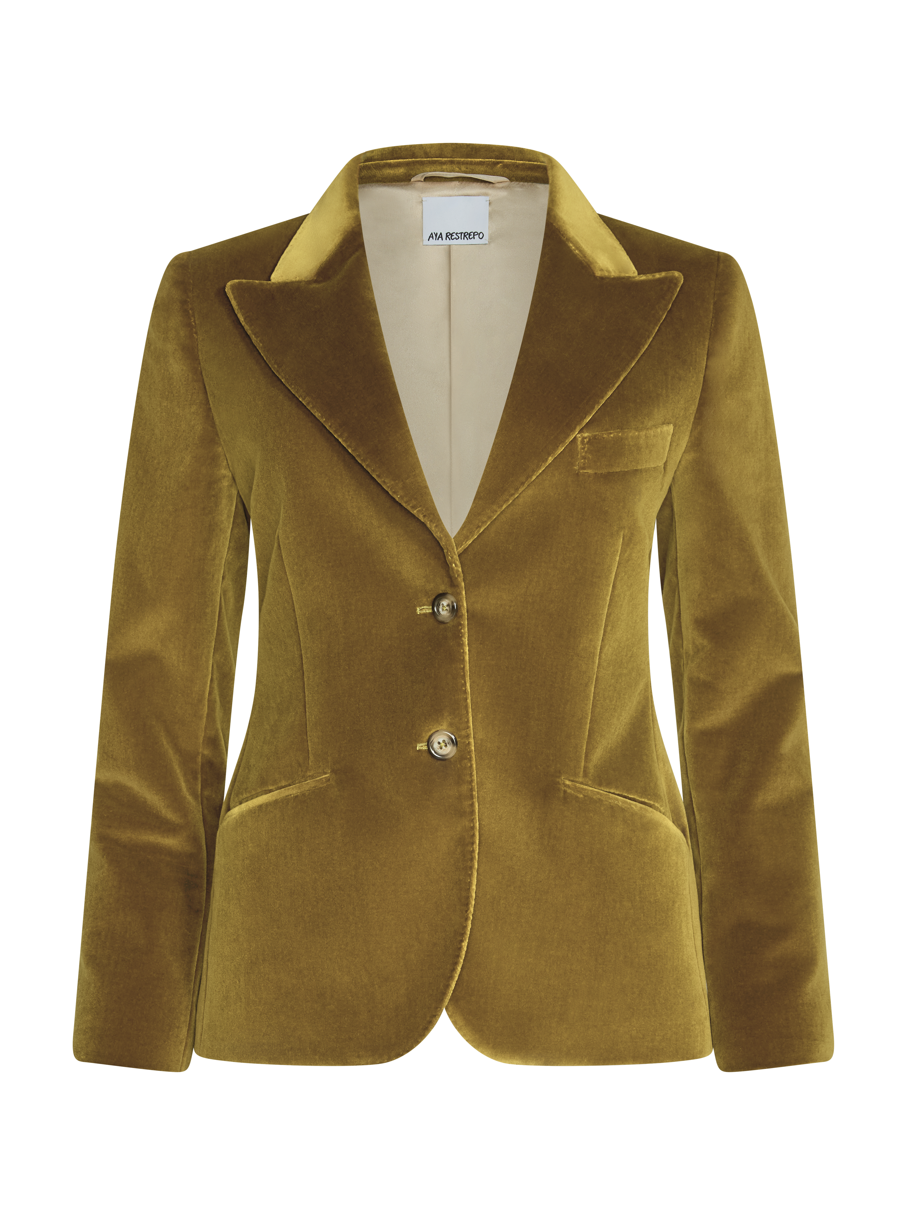 A women's tailored blazer in rich mustard yellow velvet, featuring a single-breasted two-button closure, notch lapels, and front welt pockets.