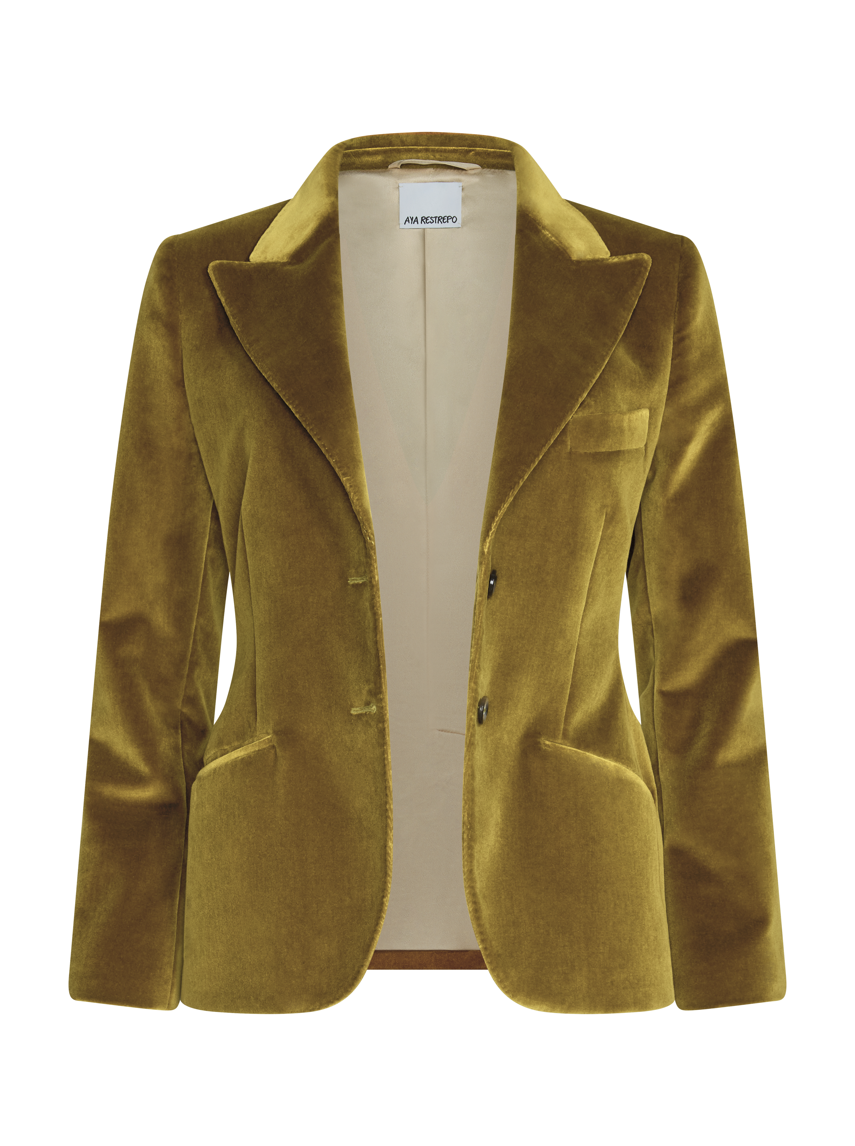 A women's tailored blazer in mustard yellow velvet, featuring a notched lapel collar, three-quarter button closure, and front patch pockets,.