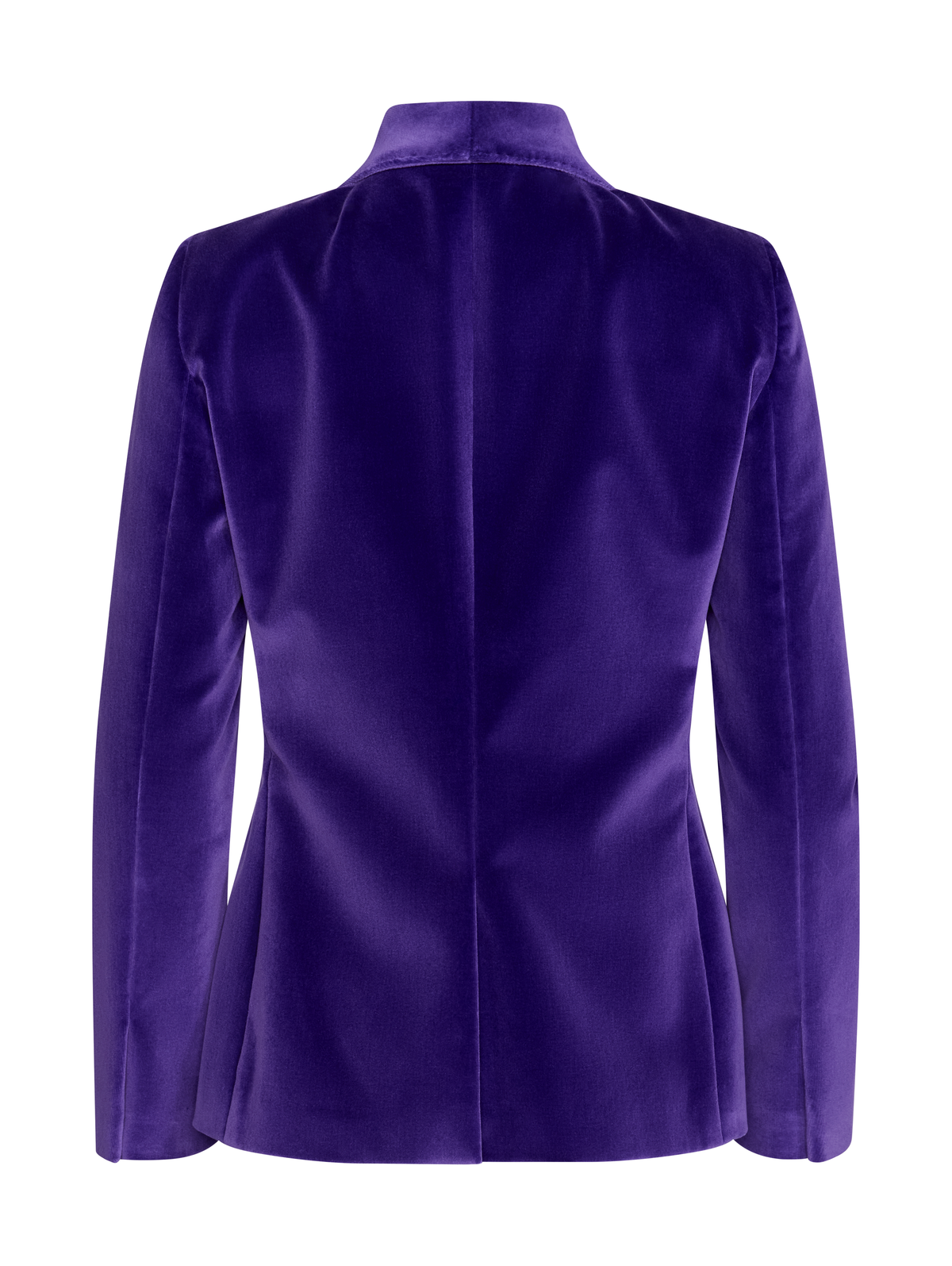 A purple velvet blazer shown from the back, featuring a high collar and long sleeves.