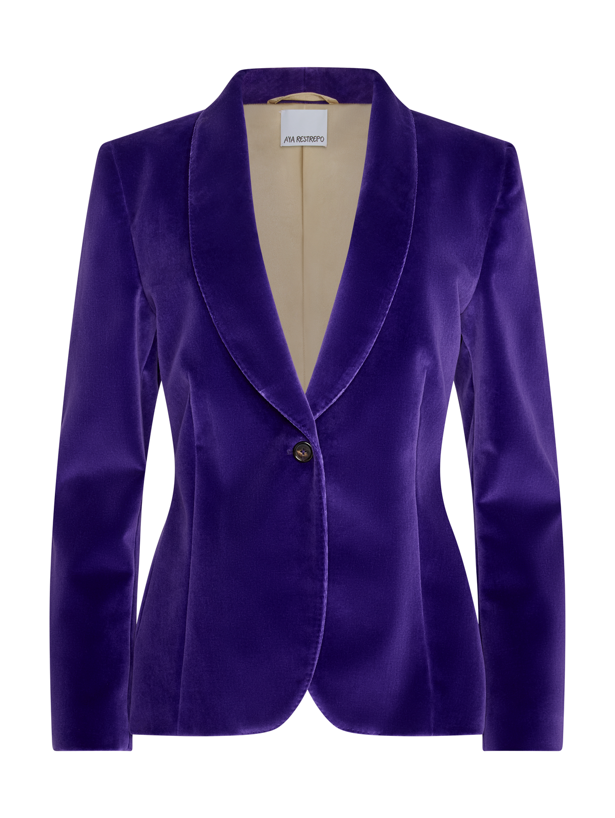 A purple velvet blazer with a shawl collar and a single button closure.