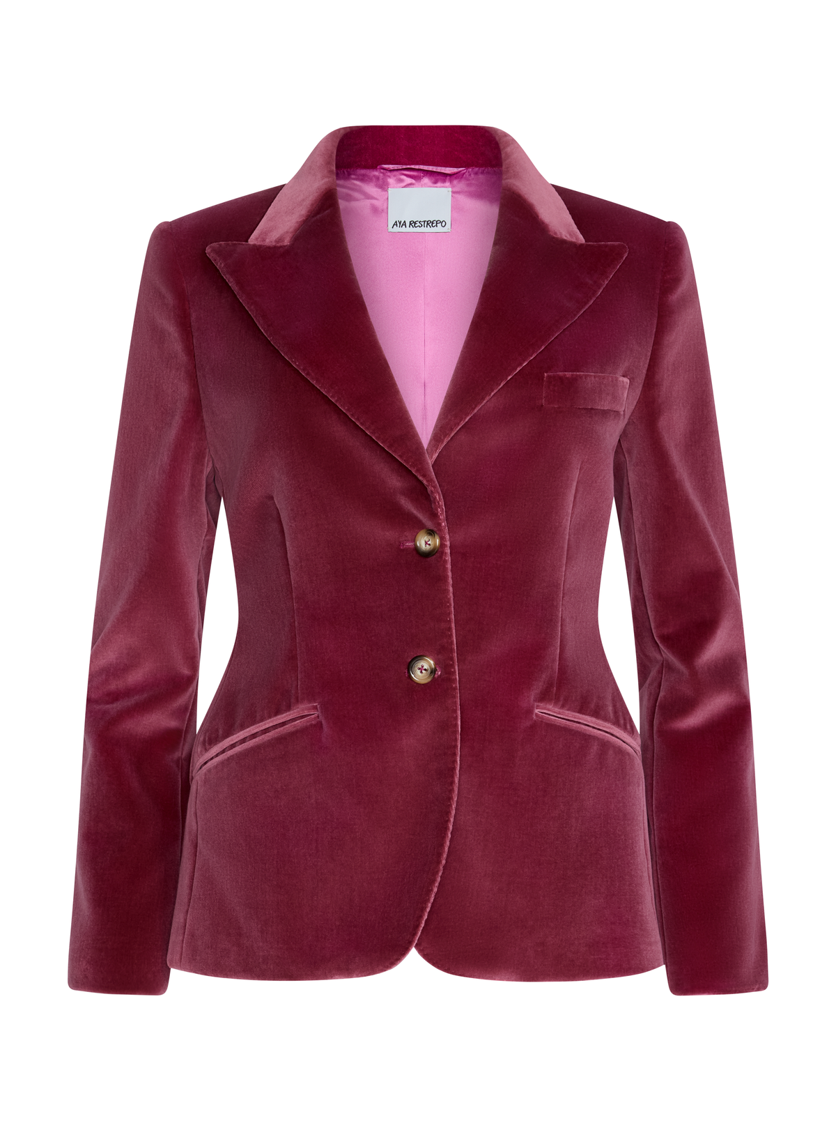A women's tailored blazer in deep burgundy velvet with a contrasting light pink inner lining, featuring notched lapels, two gold-tone buttons, and front welt pockets.
