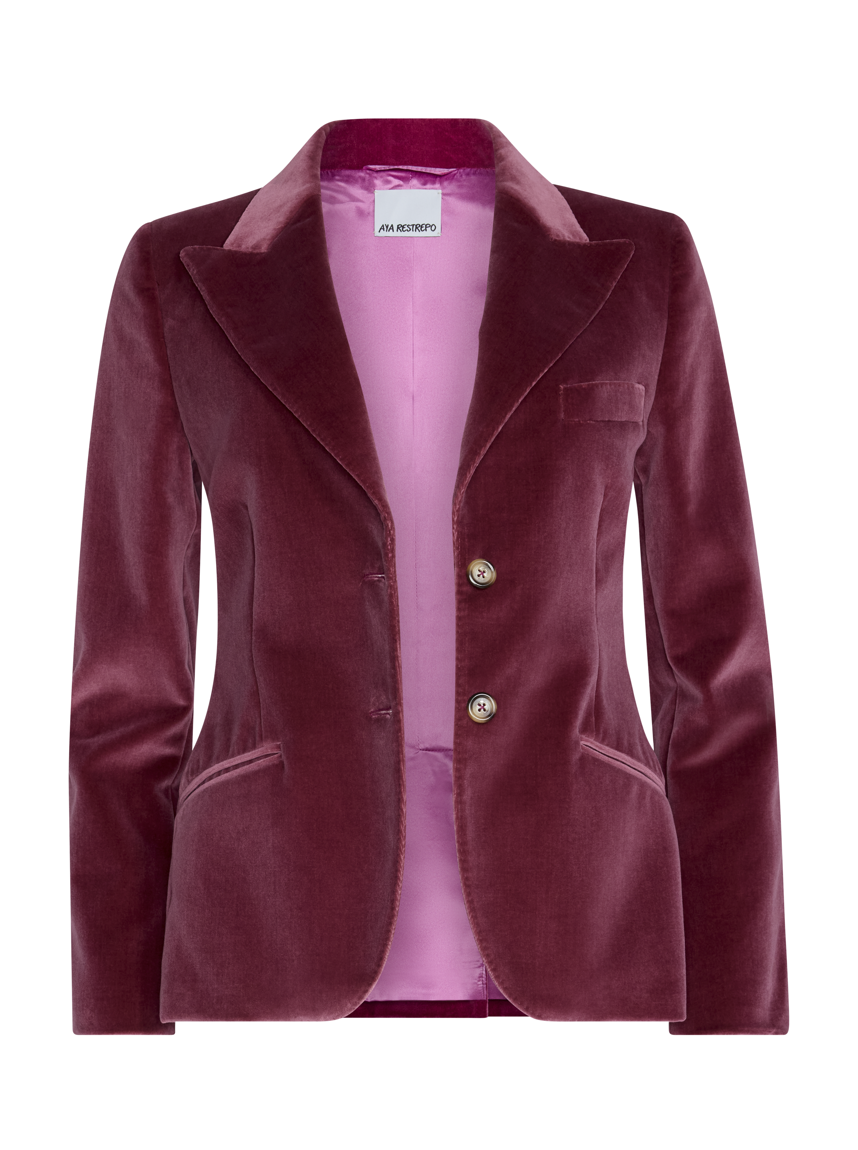 A women's tailored blazer in deep burgundy velvet, featuring a contrasting light pink satin lining and gold-tone buttons.
