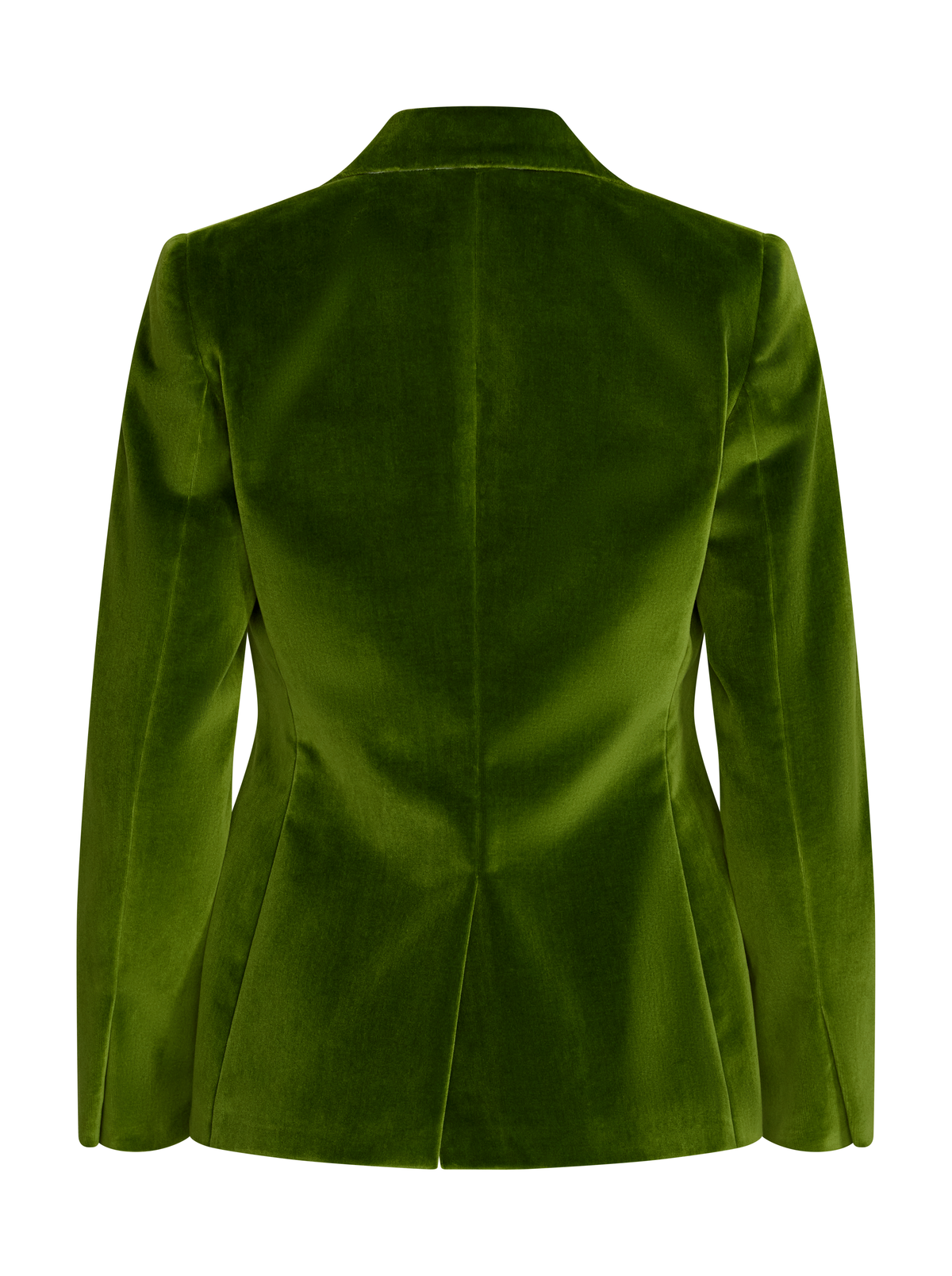 An olive green velvet blazer shown from the back, featuring a structured collar, long sleeves, and a peplum-style waist seam.