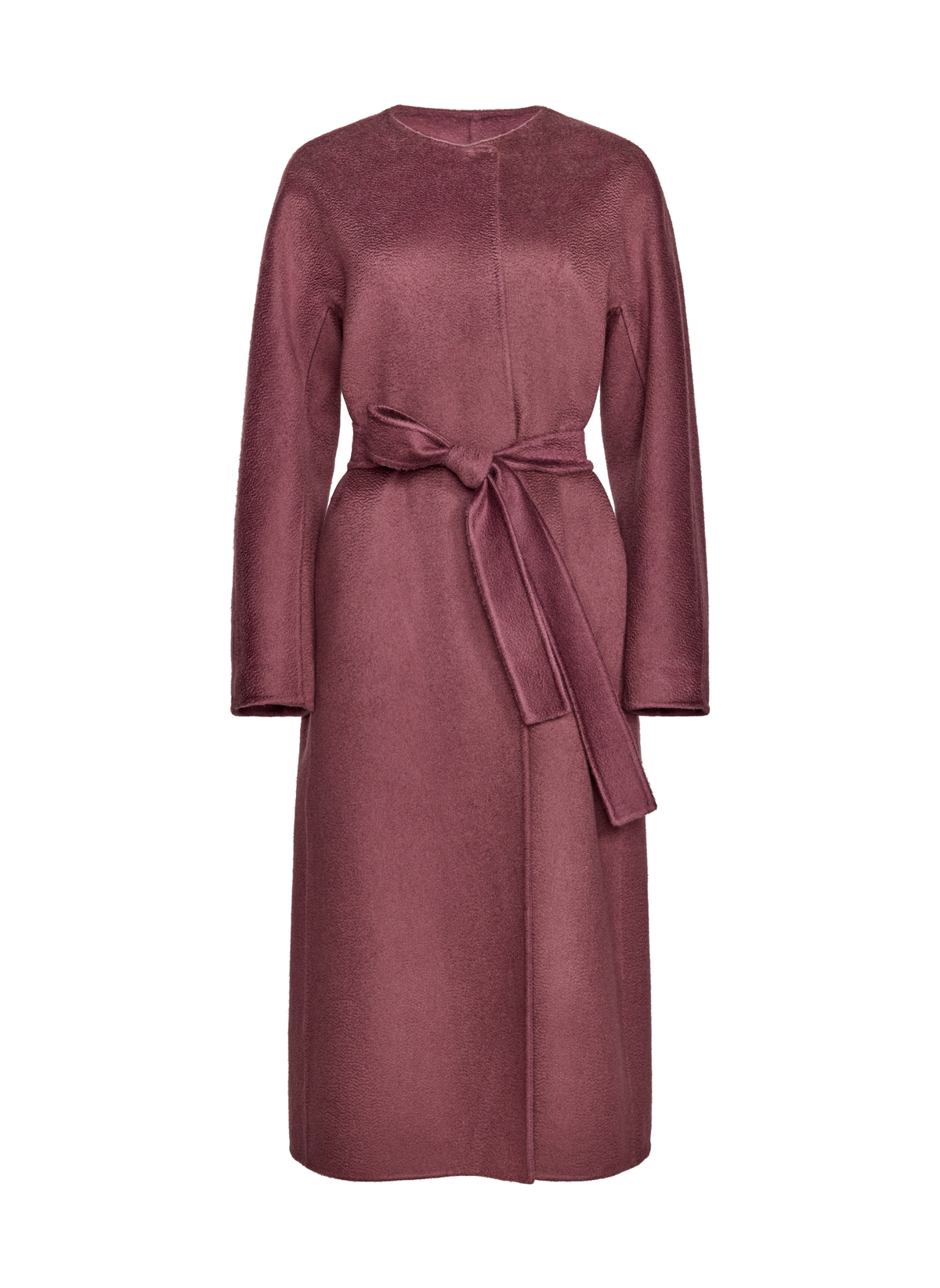 A long-sleeved midi coat in a dusty rose or mauve color, featuring a matching fabric tie belt at the waist.
