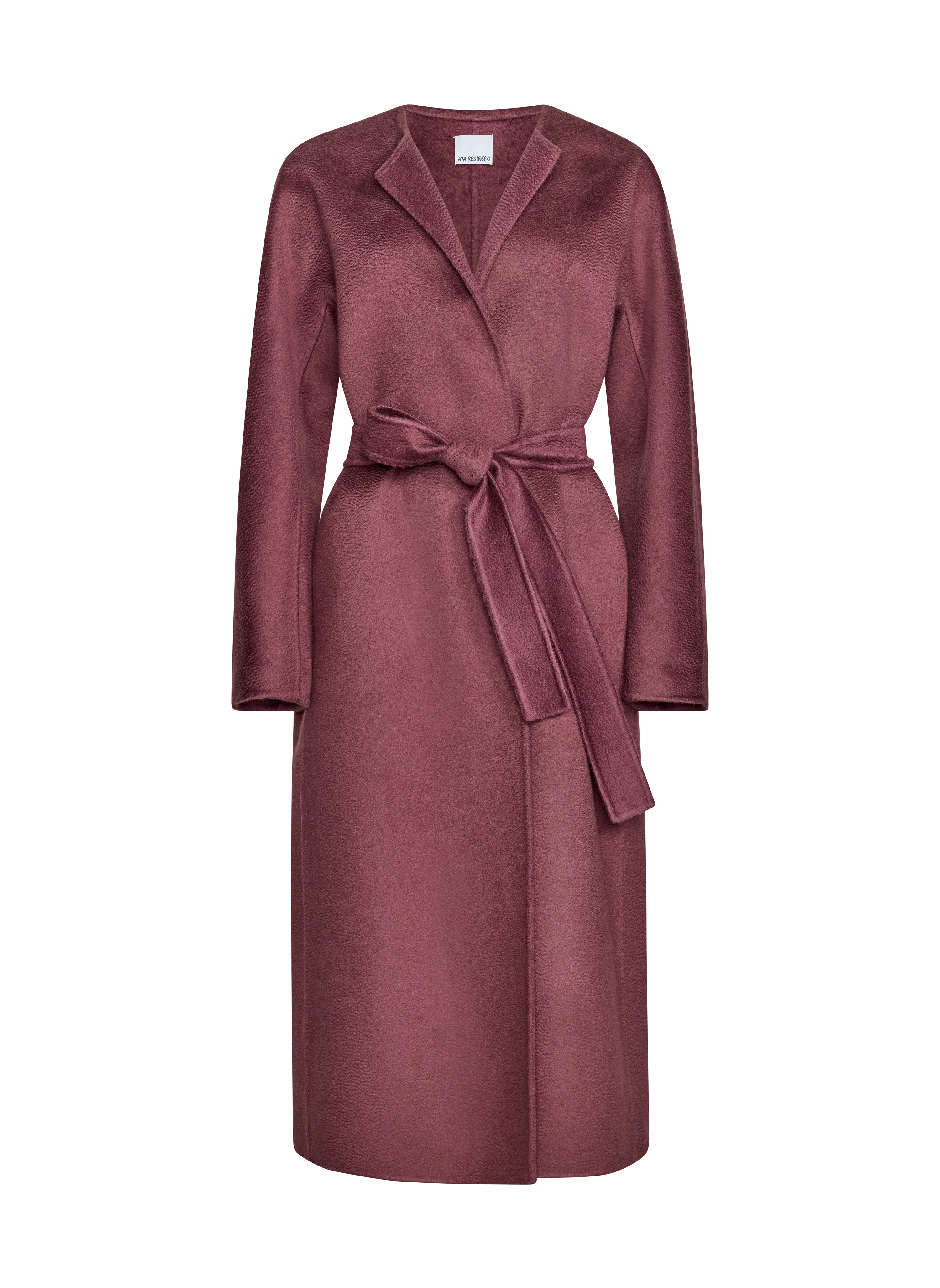 A long-sleeved wrap coat in a dusty rose or mauve color, featuring a matching tie belt at the waist.