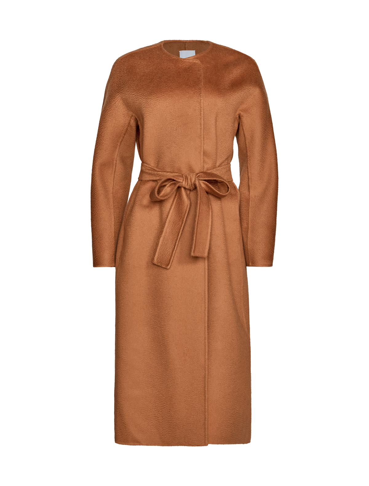 A long-sleeved, knee-length camel brown coat with a matching waist tie belt.