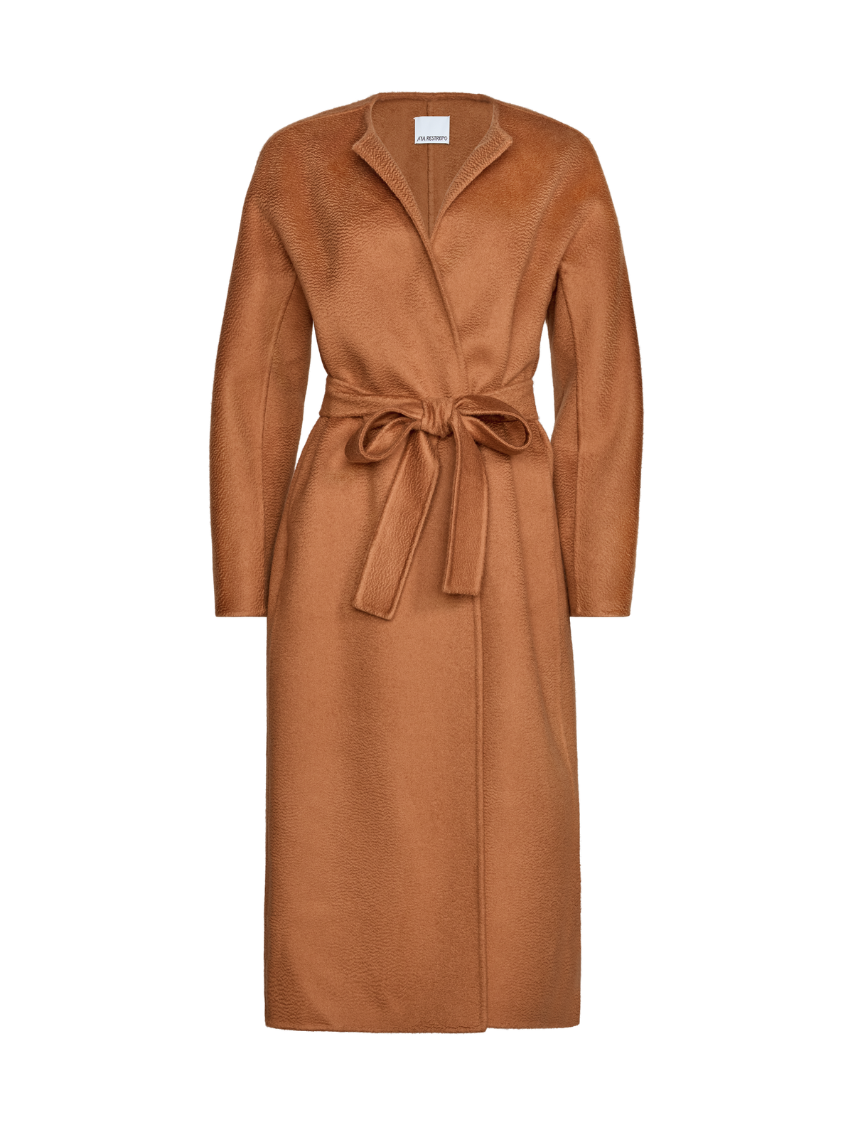 A camel brown wrap coat with a matching waist tie belt.