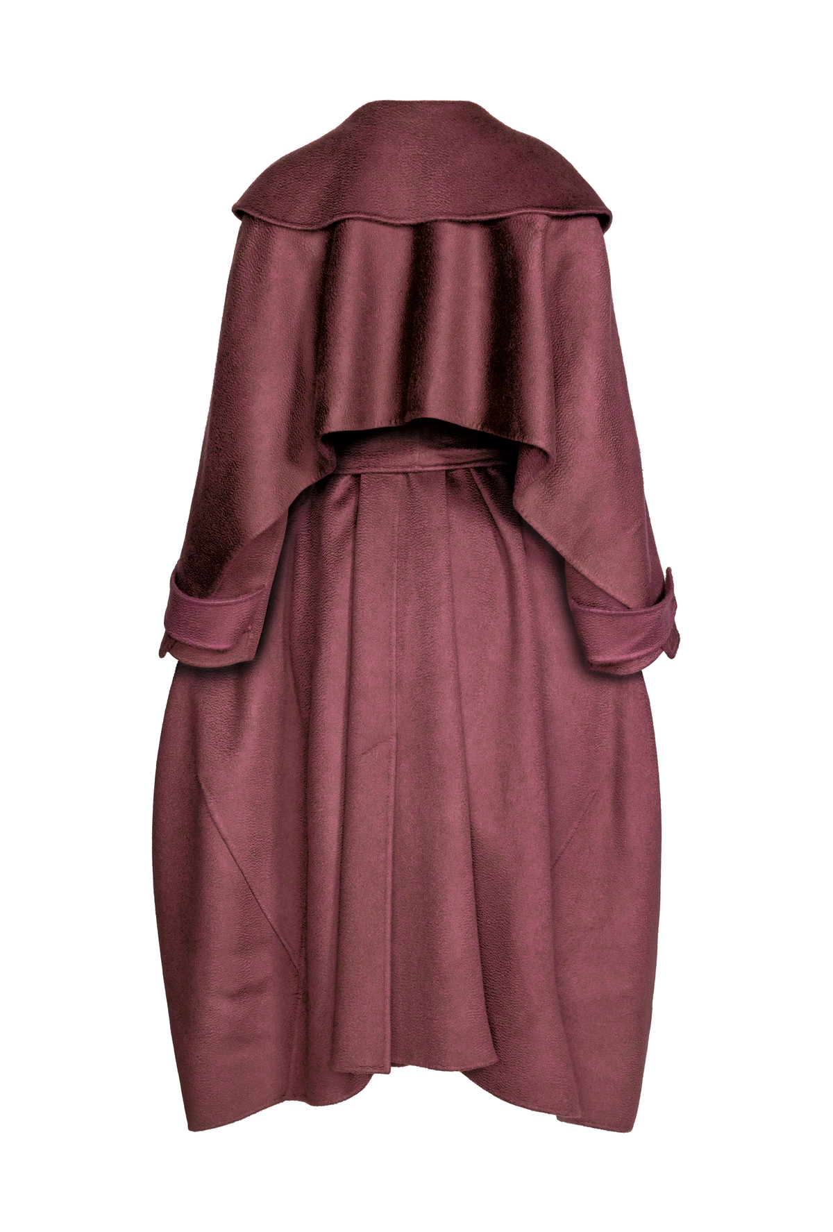 A draped, cape-like coat in a dusty plum or burgundy shade.