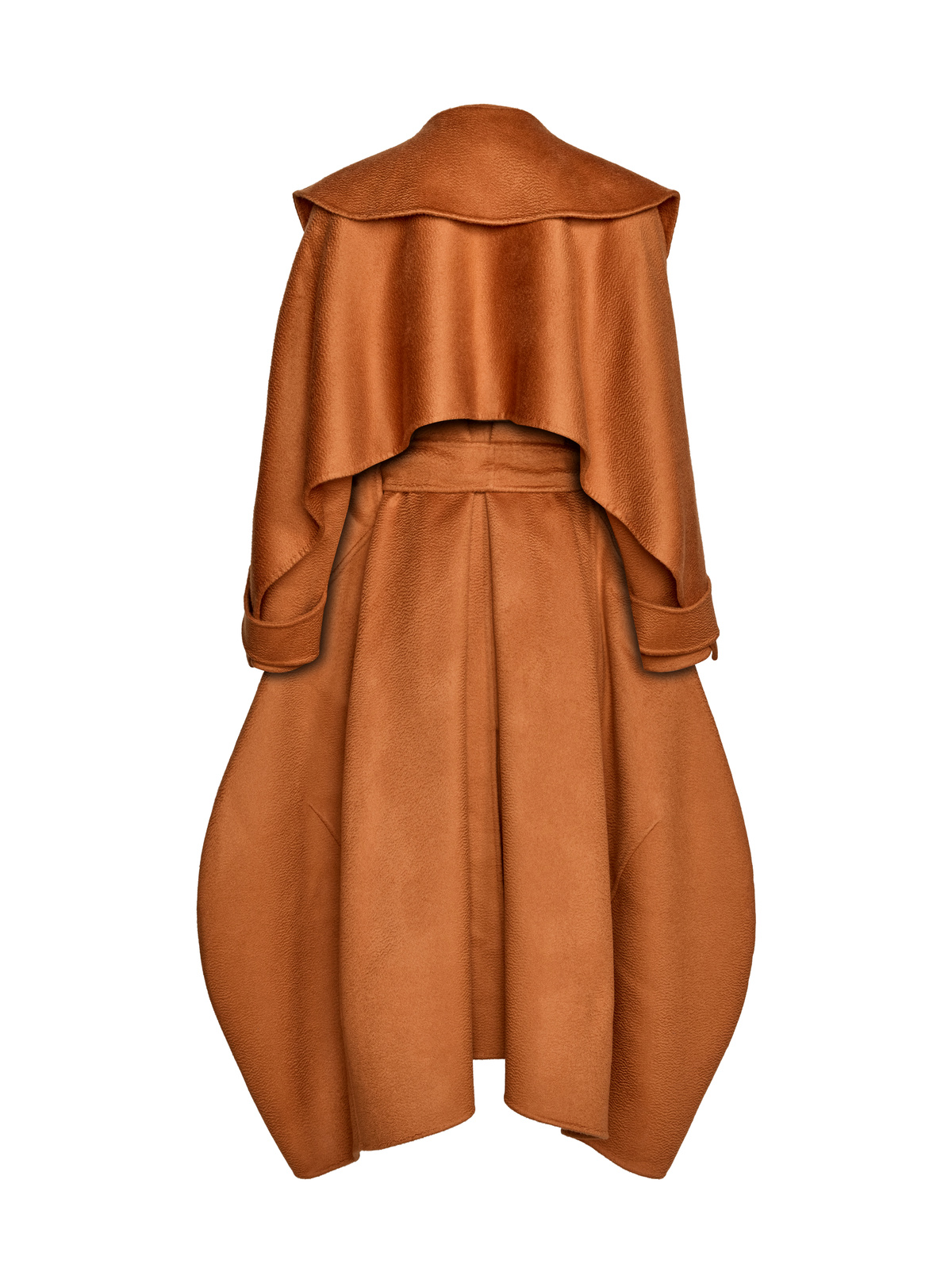 A rust-brown draped cape-style coat with a wide collar and voluminous skirt.