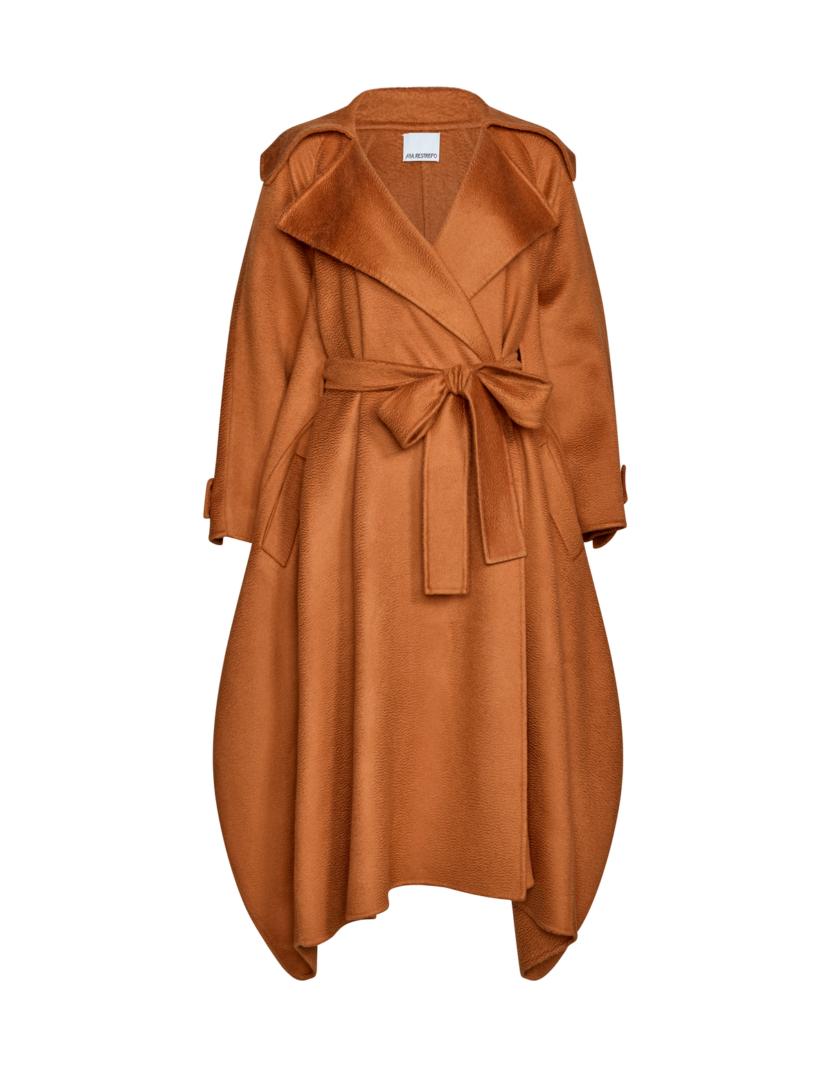 A camel brown wrap coat with a tie belt.