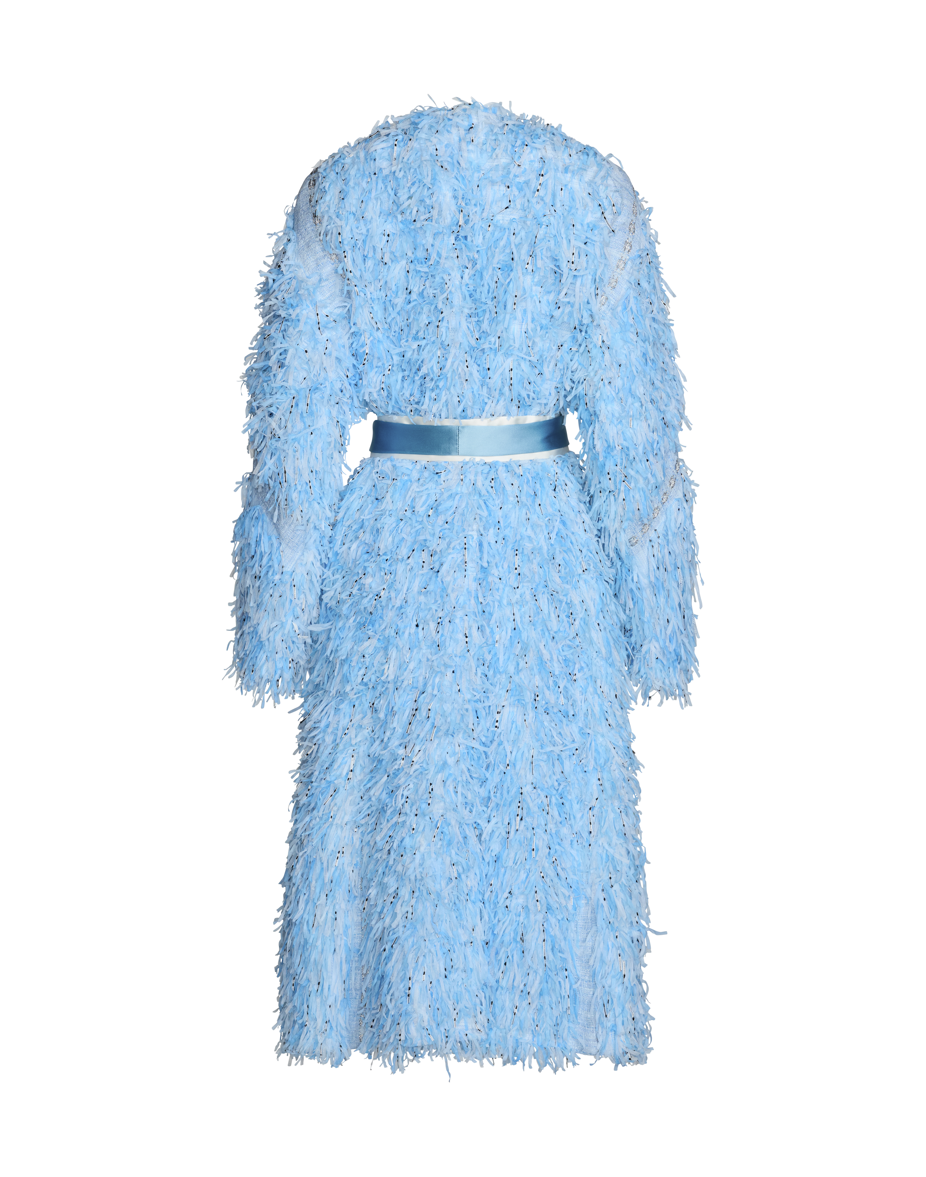 A light blue textured faux fur coat with long sleeves and a matching satin ribbon belt from the back.