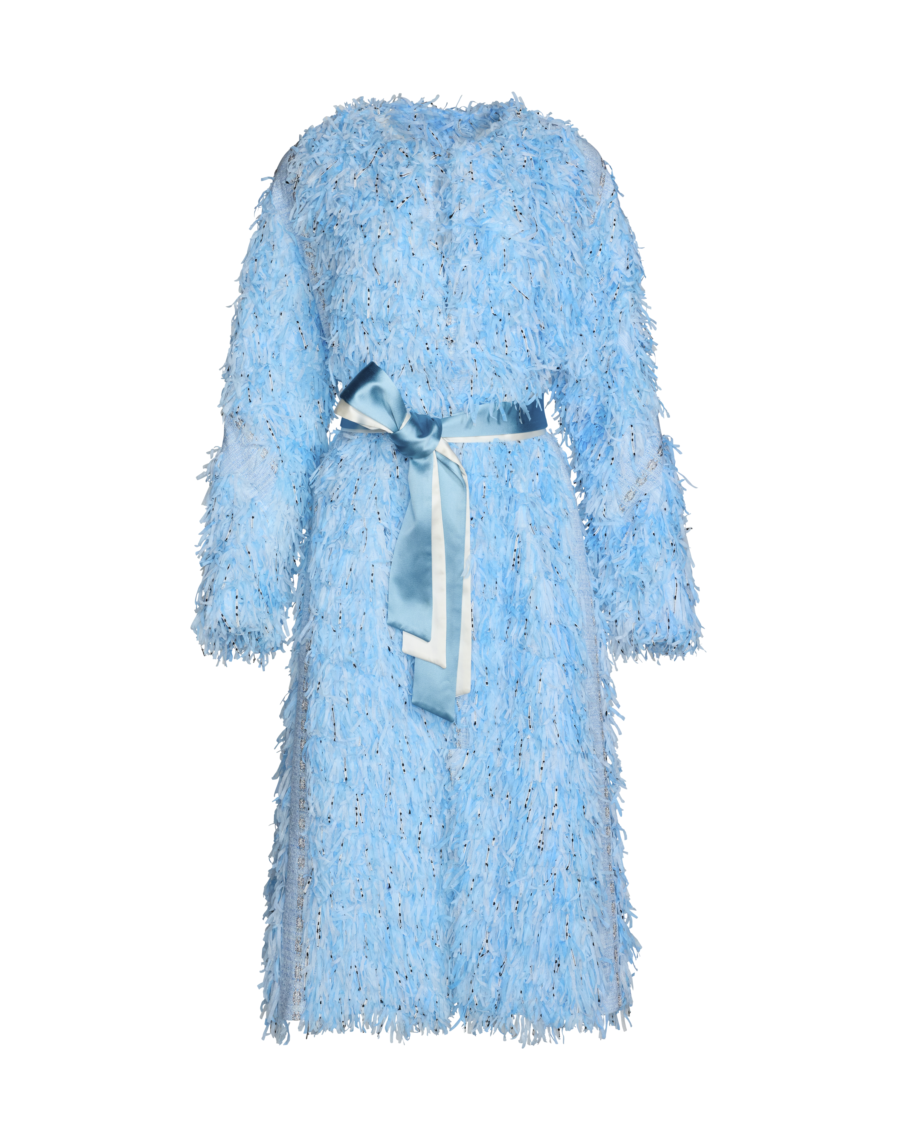 A light blue textured faux fur coat with long sleeves and a matching satin ribbon belt.