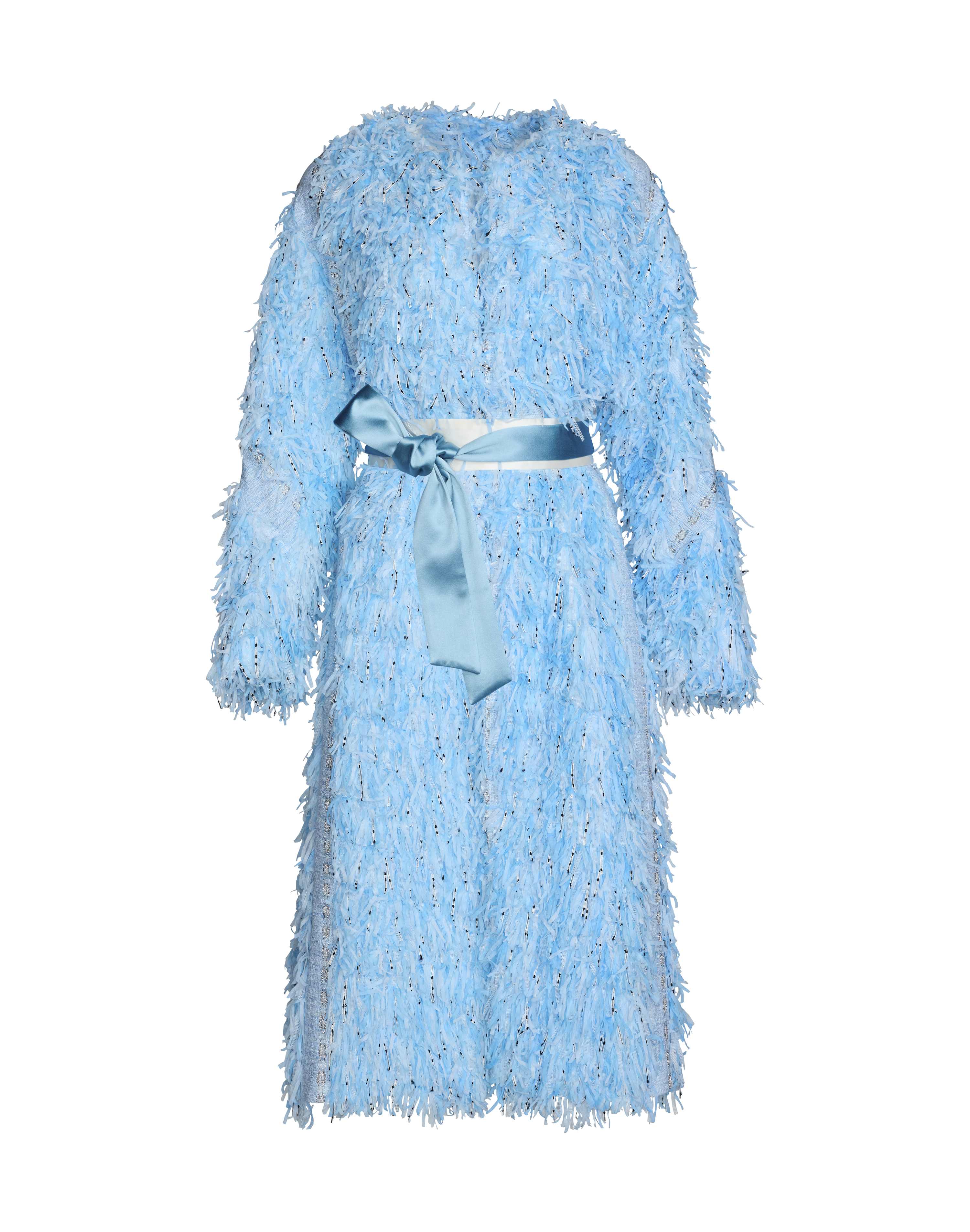 A light blue textured, fringed long-sleeve coat with a matching satin ribbon belt..