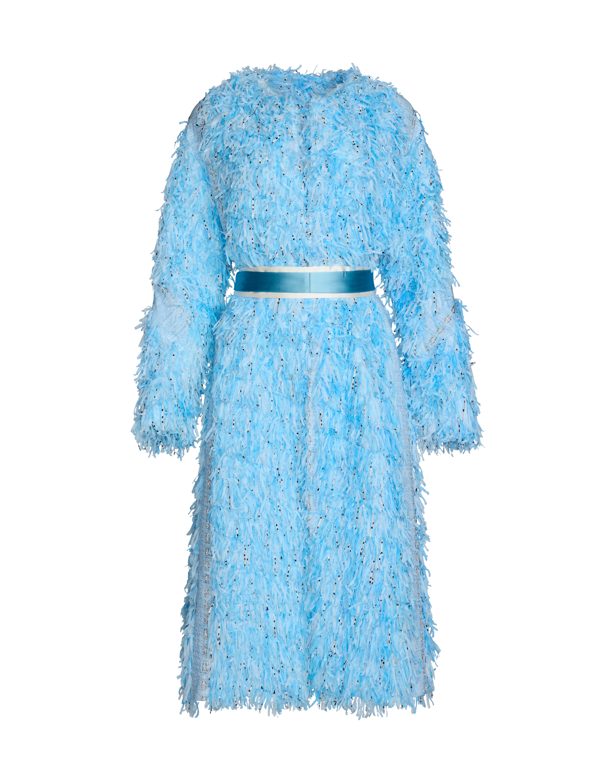 A light blue textured faux fur coat with long sleeves and a matching satin ribbon belt.