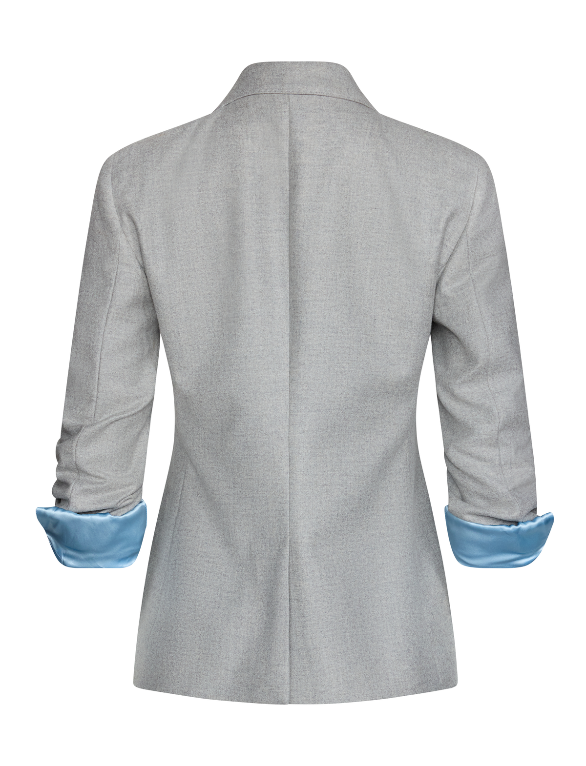A light gray textured blazer shown from the back, featuring light blue satin-like cuff lining when rolled up, set against a plain white background.