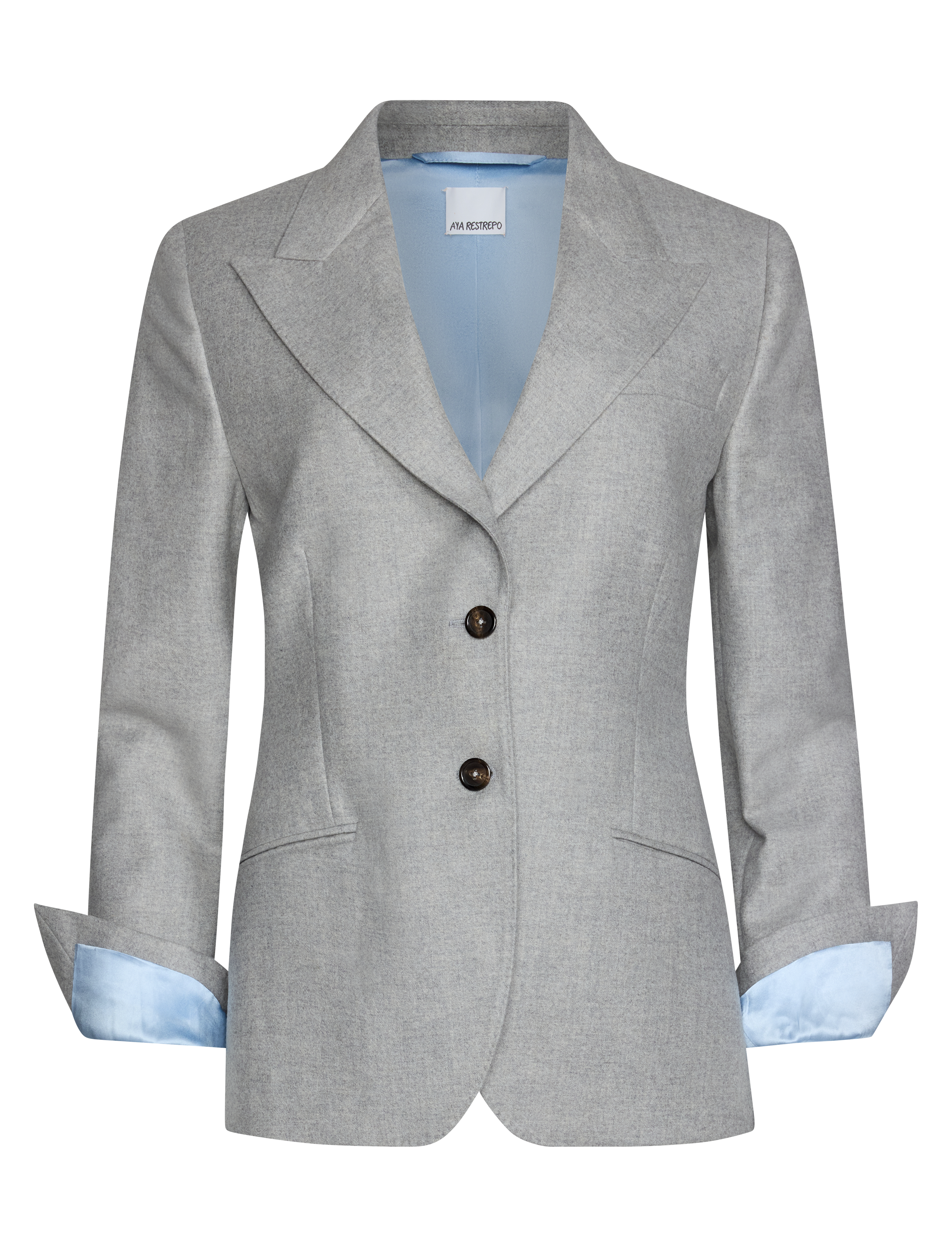 A light gray blazer with a light blue lining visible at the collar, cuffs, and inner front opening, shown on a plain white background.