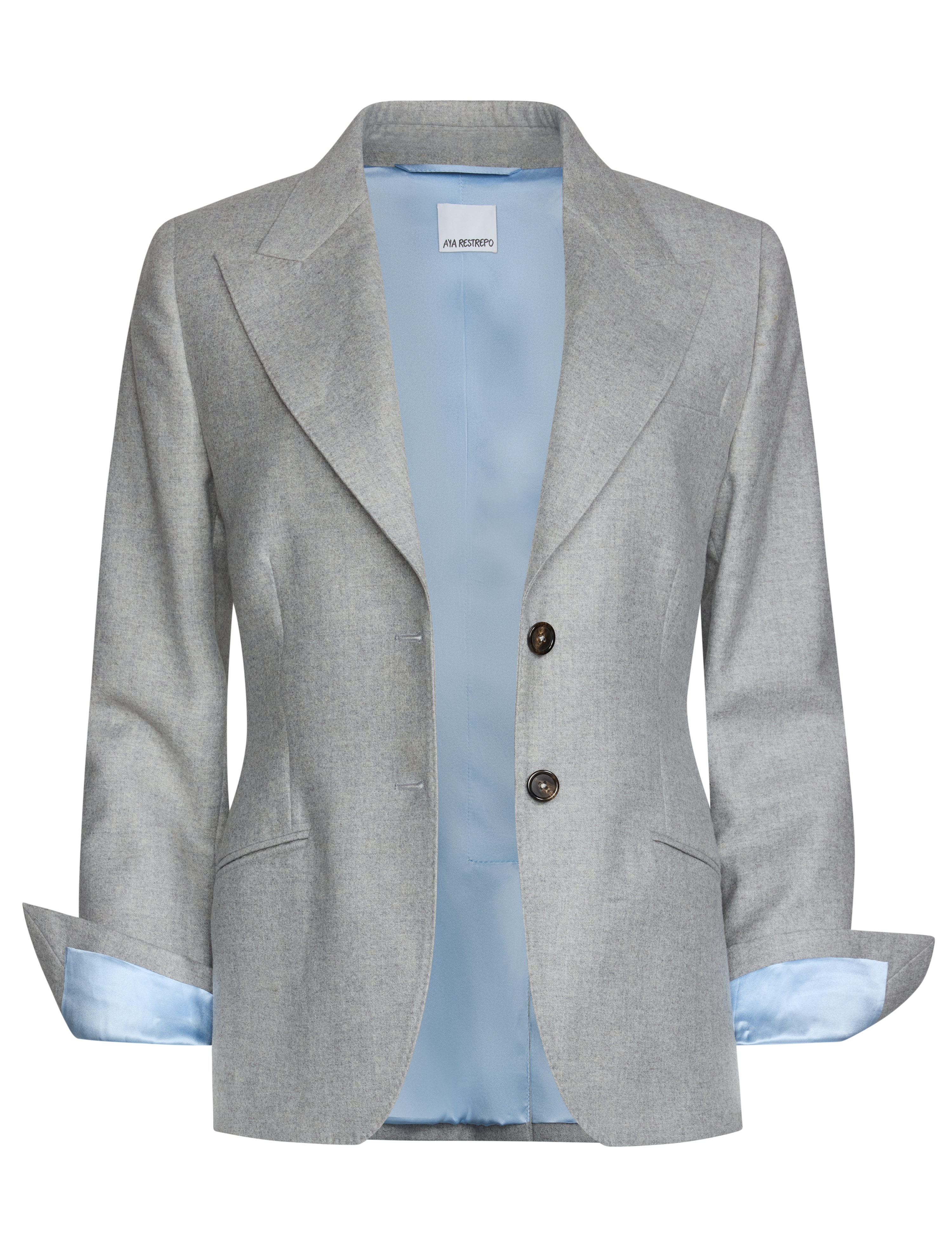 A light gray blazer jacket with a light blue satin lining visible at the collar, cuffs, and front opening, displayed on a white background.